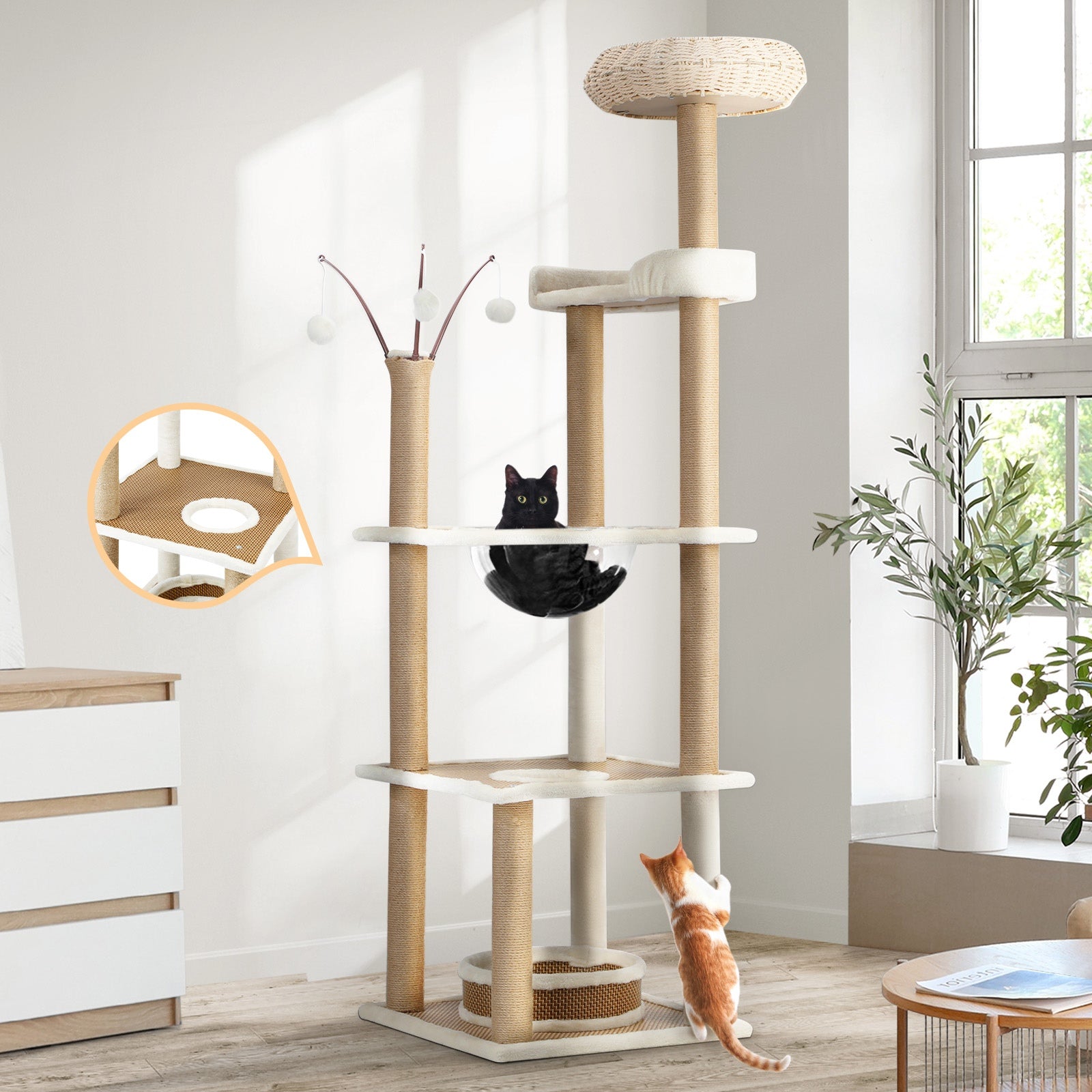 Alopet Cat Tree Tower Rattan Scratching Post Scratcher Cats Condo House 164cm - Sunyee