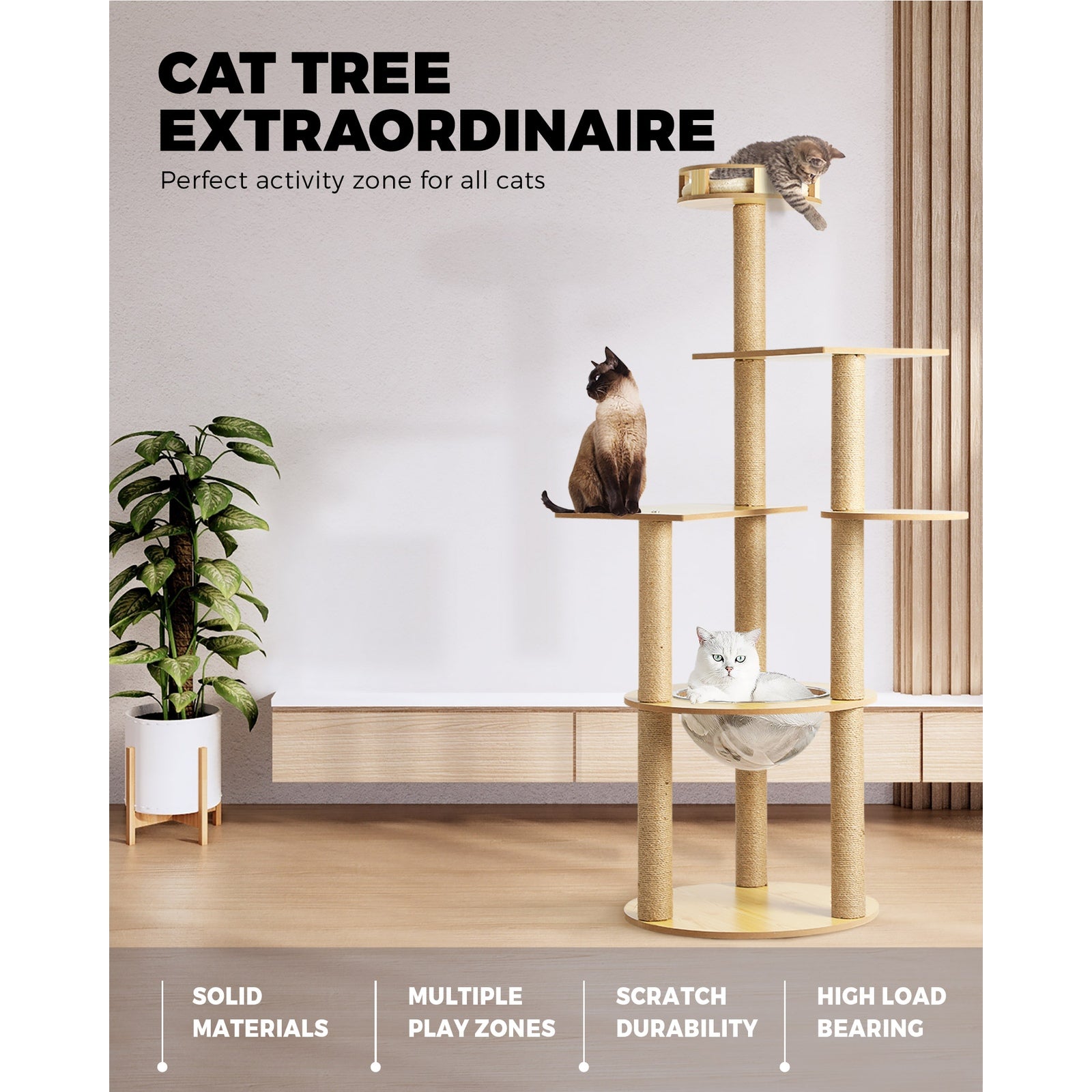 Alopet Cat Tree Scratching Post Scratcher Cats Tower Wood Condo Toys House 148cm - Sunyee