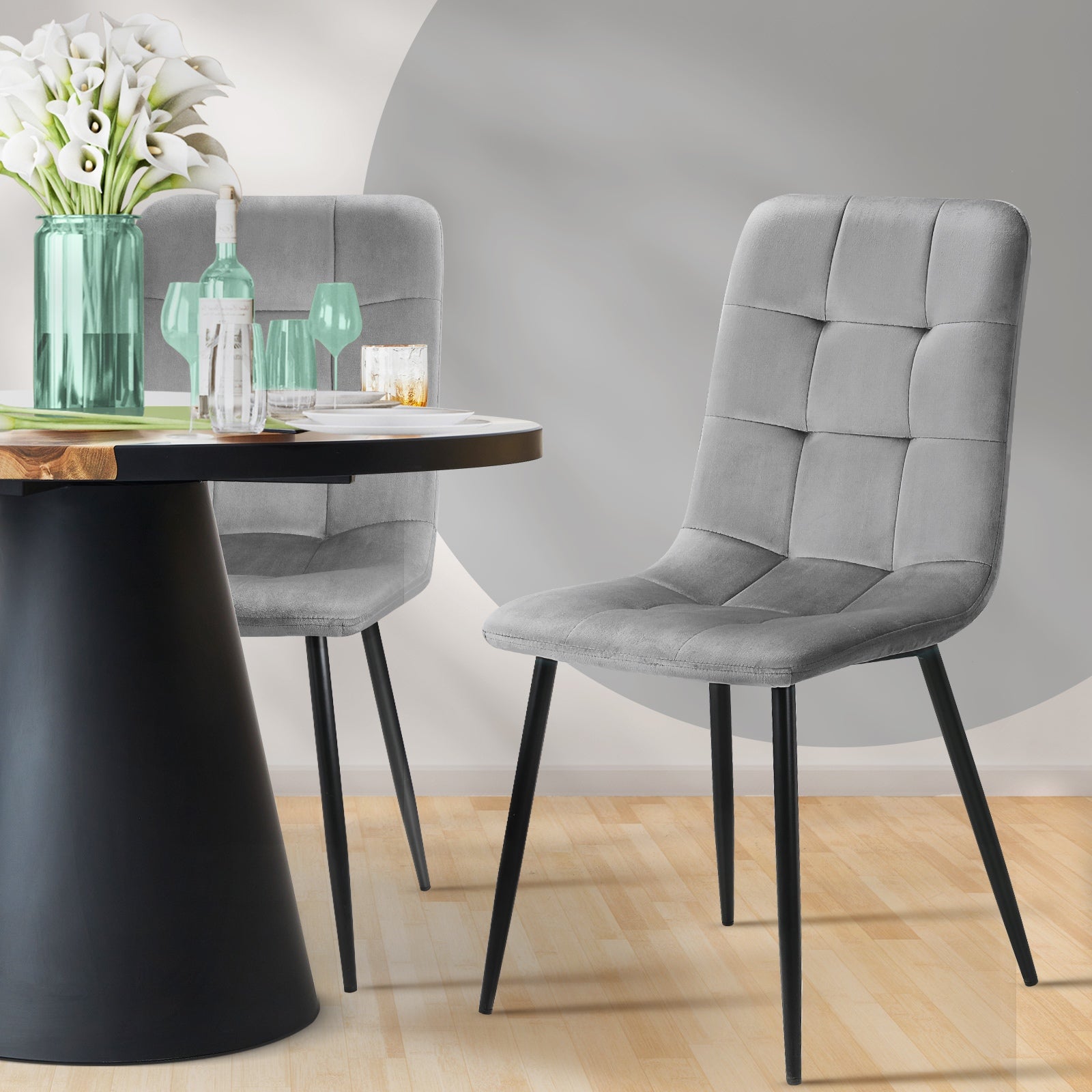 Oikiture Dining Chairs Kitchen Chair Velvet Fabric Padded Seat Cafe Set of 2