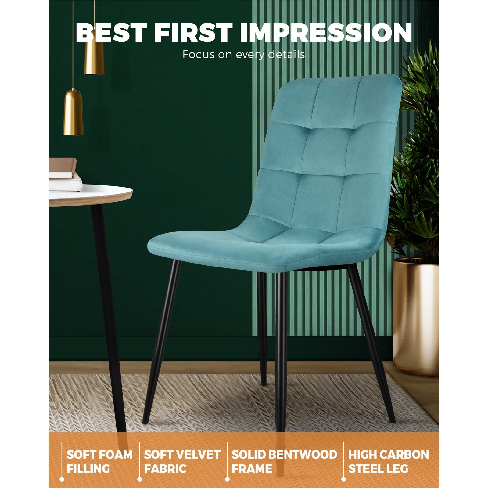 Oikiture Dining Chairs Kitchen Chair Velvet Fabric Padded Seat Cafe Set of 2