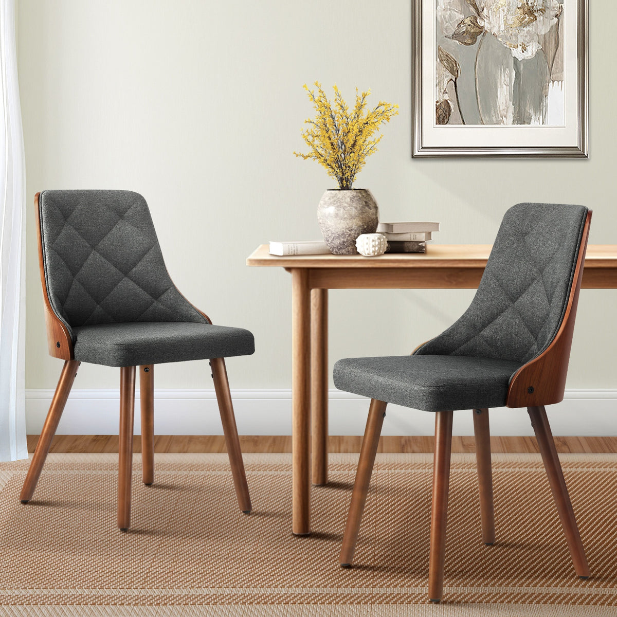Oikiture Dining Chairs Wooden Chair Kitchen Cafe Faux Linen fabric Padded Seat - Sunyee