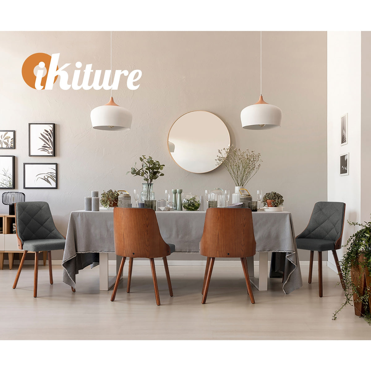 Oikiture Dining Chairs Wooden Chair Kitchen Cafe Faux Linen fabric Padded Seat - Sunyee