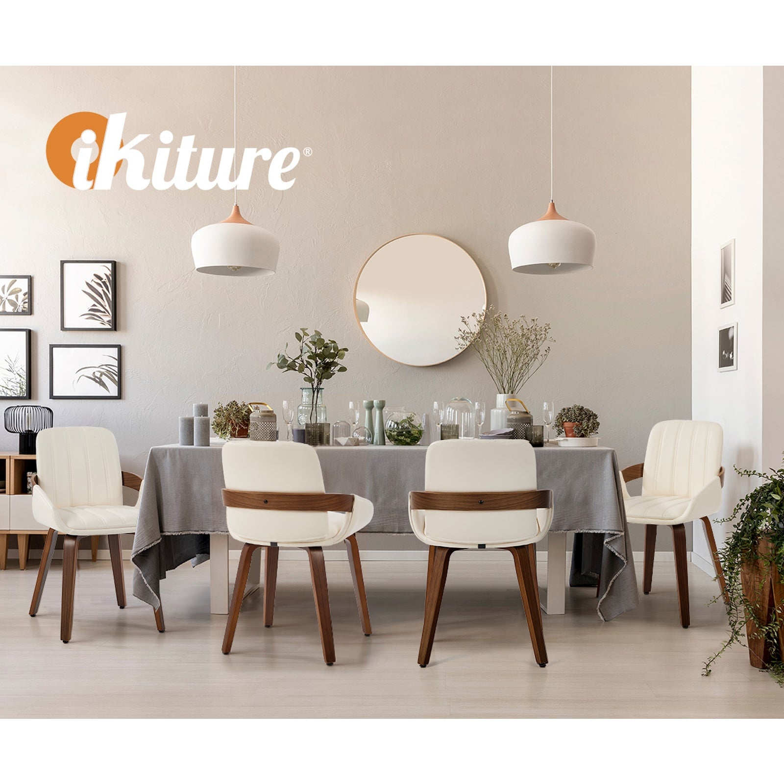 Oikiture 2x Dining Chairs PU Leather Kitchen Chairs Bentwood Armchair Beige