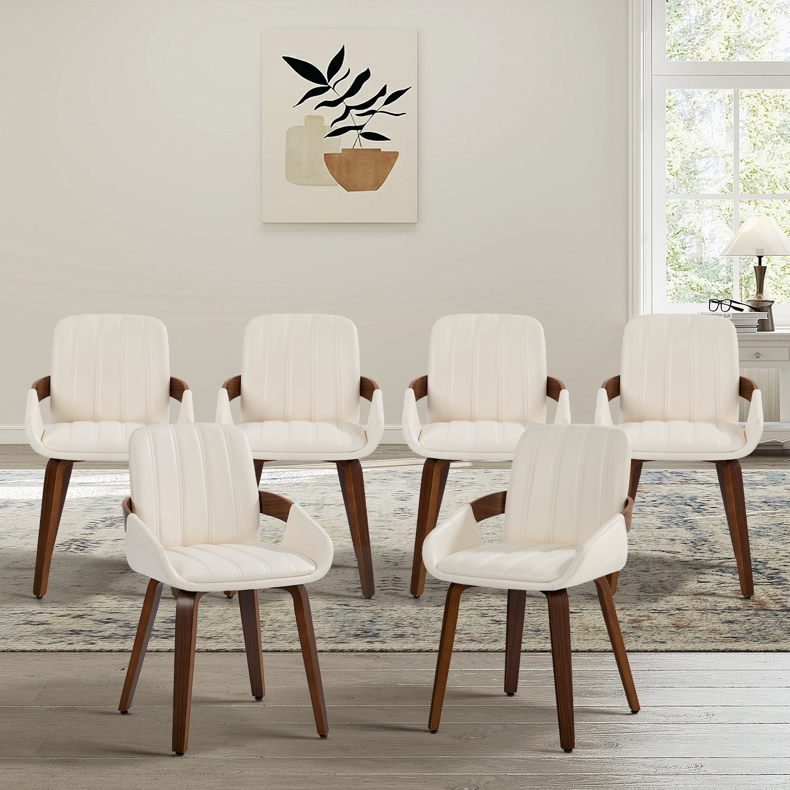 Oikiture 6x Dining Chairs PU Leather Kitchen Chairs Bentwood Armchair Beige