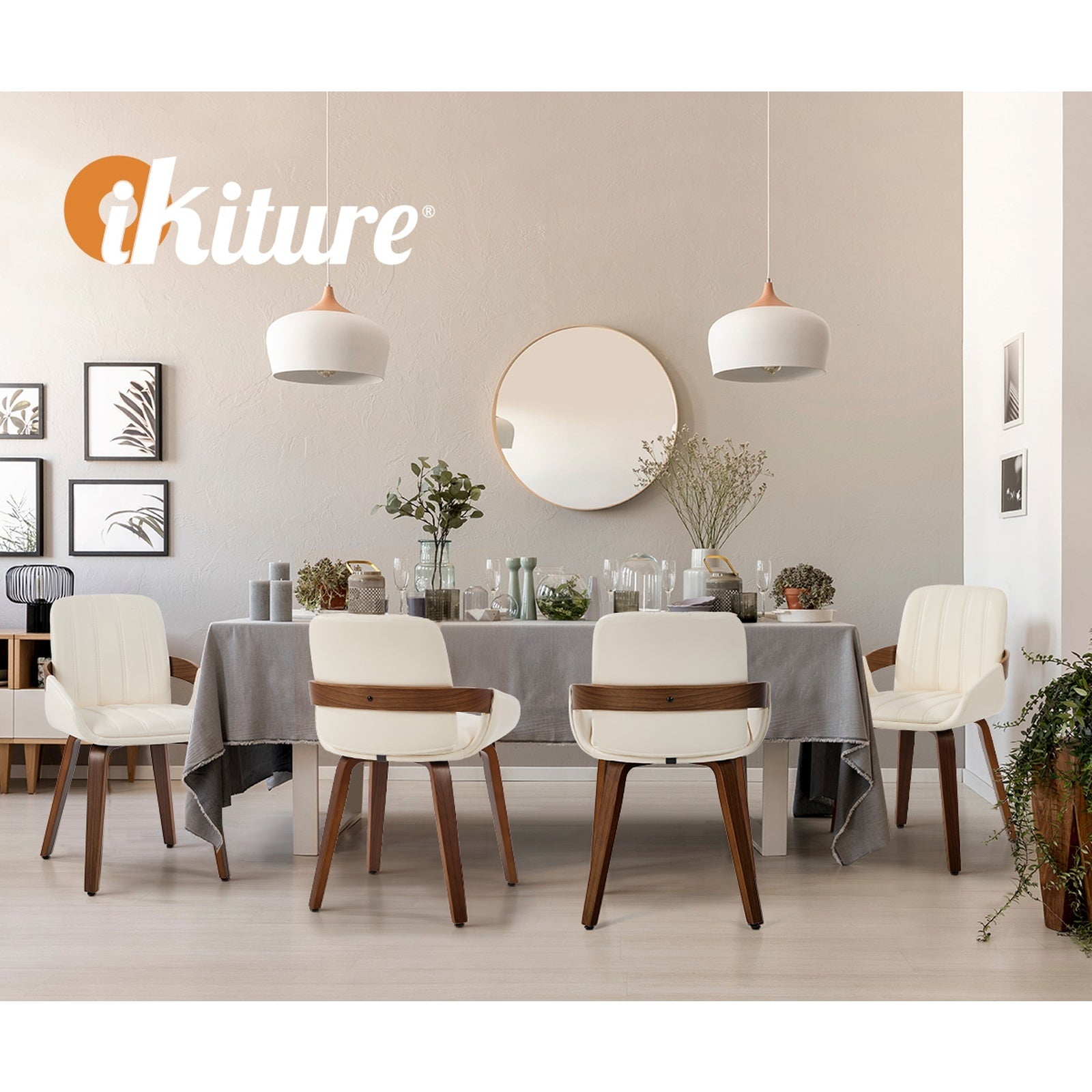 Oikiture 6x Dining Chairs PU Leather Kitchen Chairs Bentwood Armchair Beige