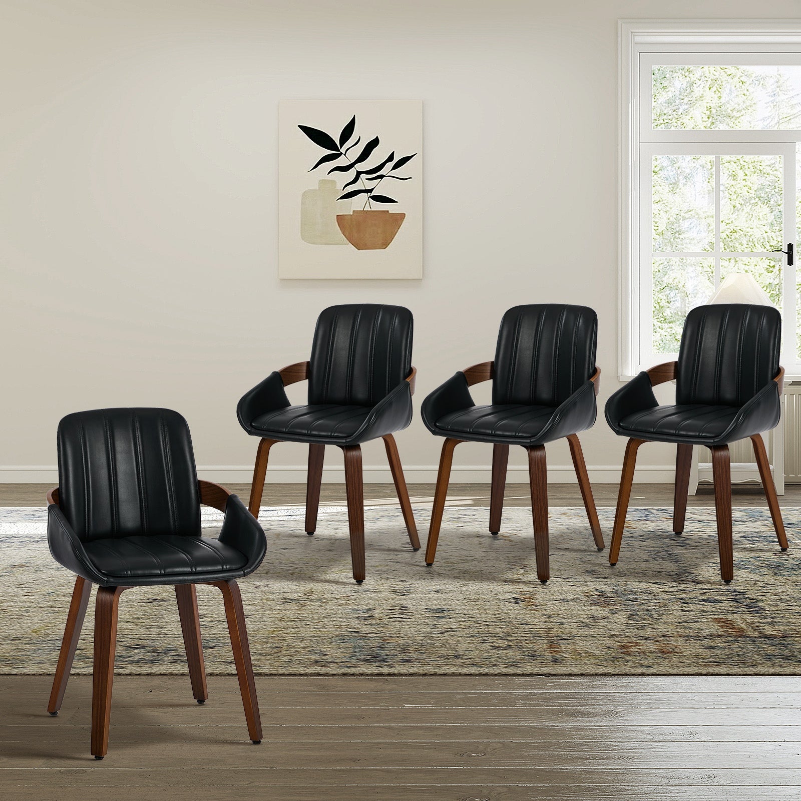 Oikiture 4x Dining Chairs PU Leather Kitchen Chairs Bentwood Armchair Black