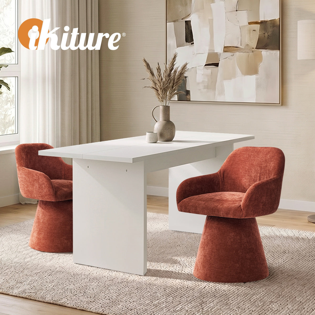 Oikiture Dining Chair Swivel Armchair Lounge Accent Chairs Polyester Linen Red