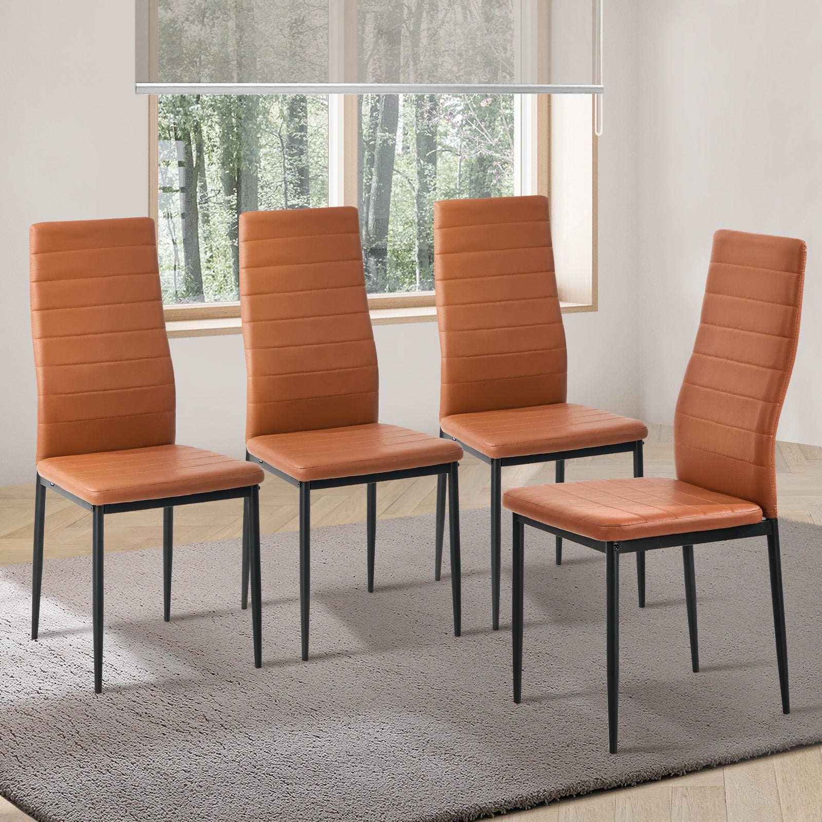 Oikiture 4PCS Dining Chairs High-Back Kitchen Chair Padded Faux Leather Brown
