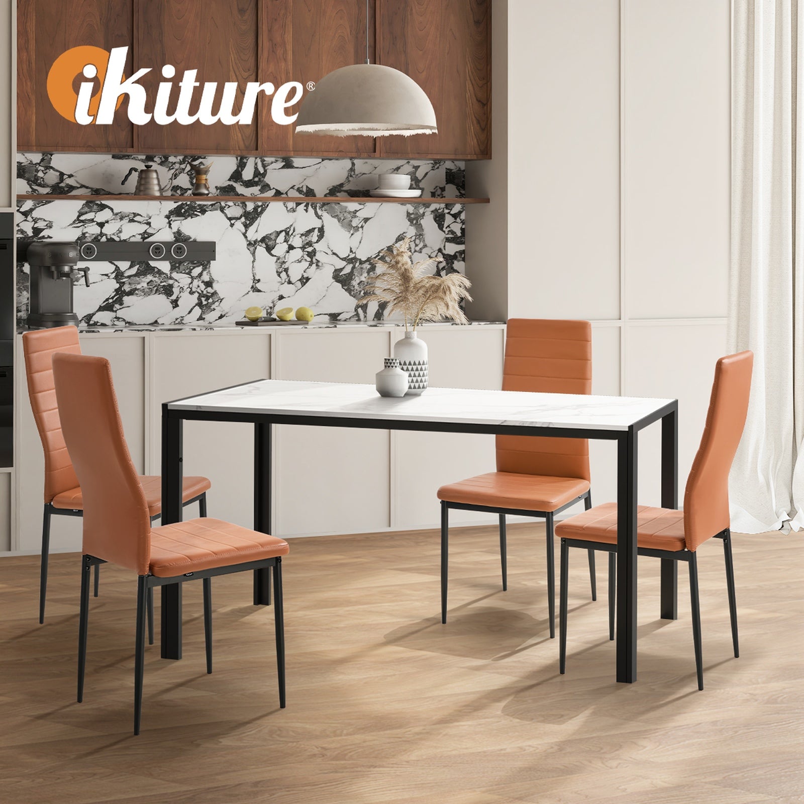 Oikiture 4PCS Dining Chairs High-Back Kitchen Chair Padded Faux Leather Brown