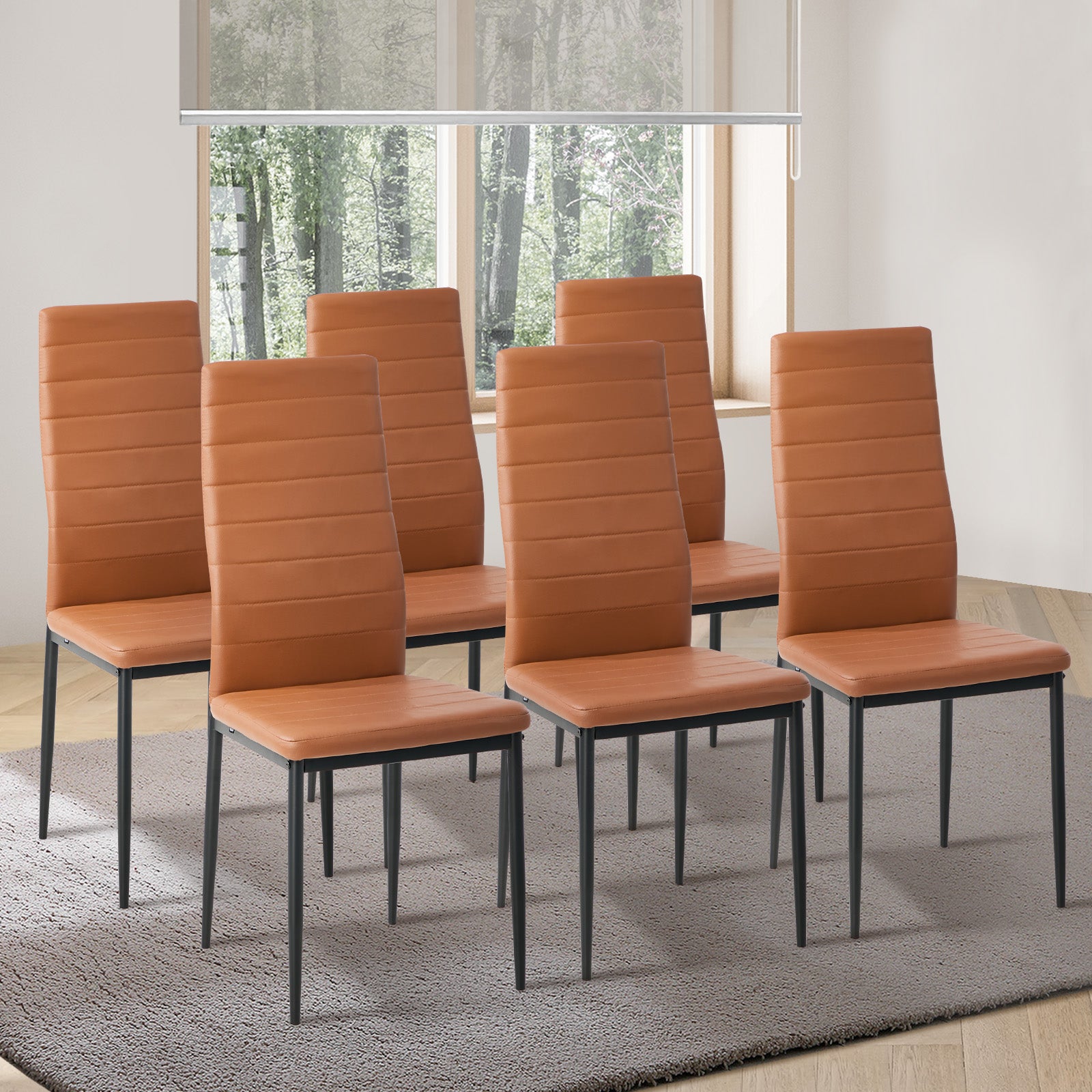 Oikiture 6PCS Dining Chairs High-Back Kitchen Chair Padded Faux Leather Brown