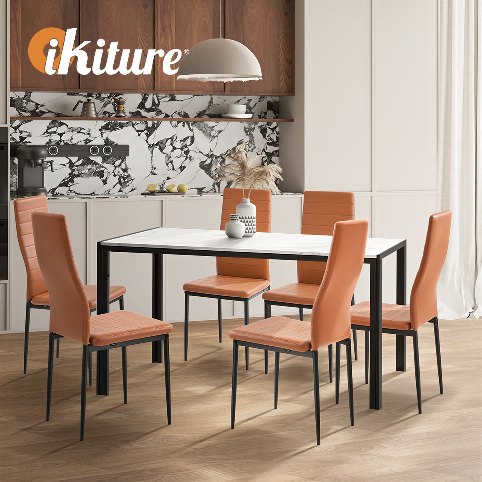 Oikiture 6PCS Dining Chairs High-Back Kitchen Chair Padded Faux Leather Brown