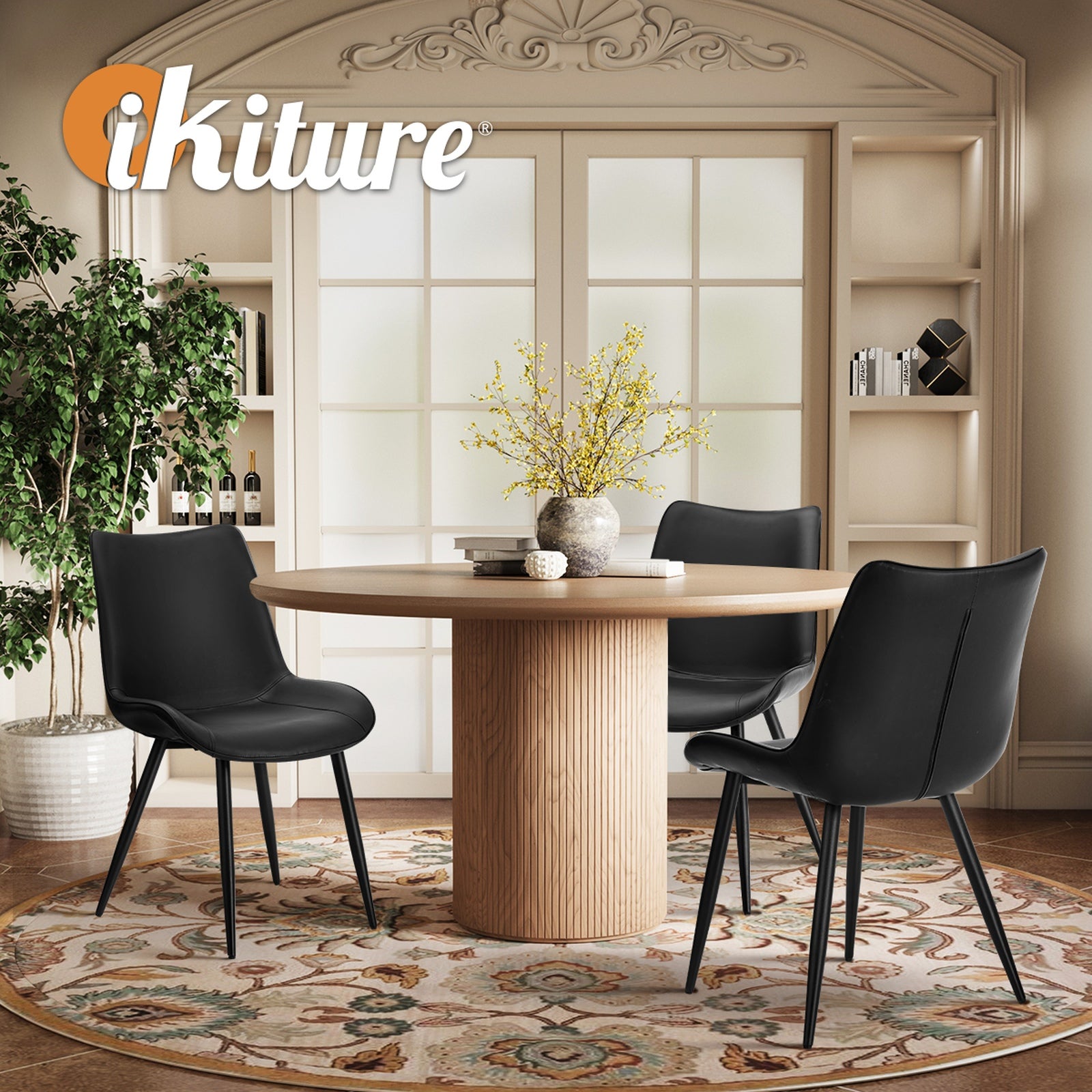 Oikiture 2x Dining Chairs Kitchen Accent Chairs Upholstered PU Leather Black - Sunyee