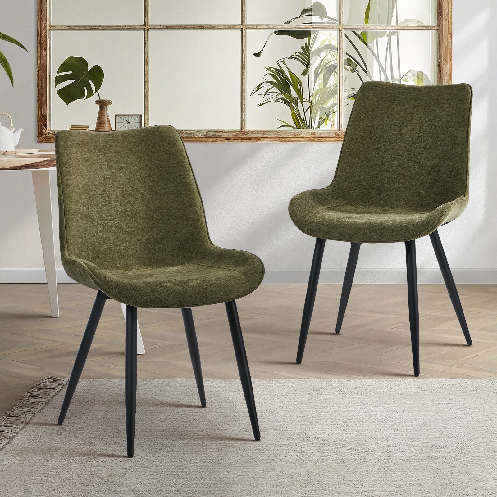 Oikiture 2x Dining Chairs Kitchen Accent Chairs Upholstered Linen Fabric Green