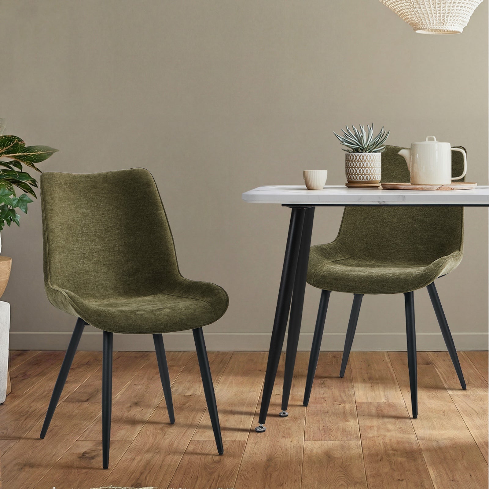Oikiture 2x Dining Chairs Kitchen Accent Chairs Upholstered Linen Fabric Green