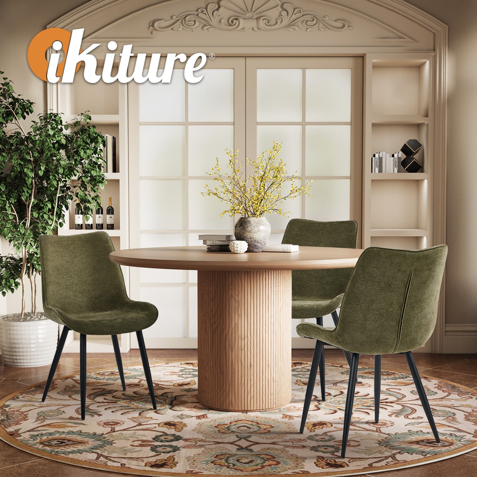 Oikiture 2x Dining Chairs Kitchen Accent Chairs Upholstered Linen Fabric Green