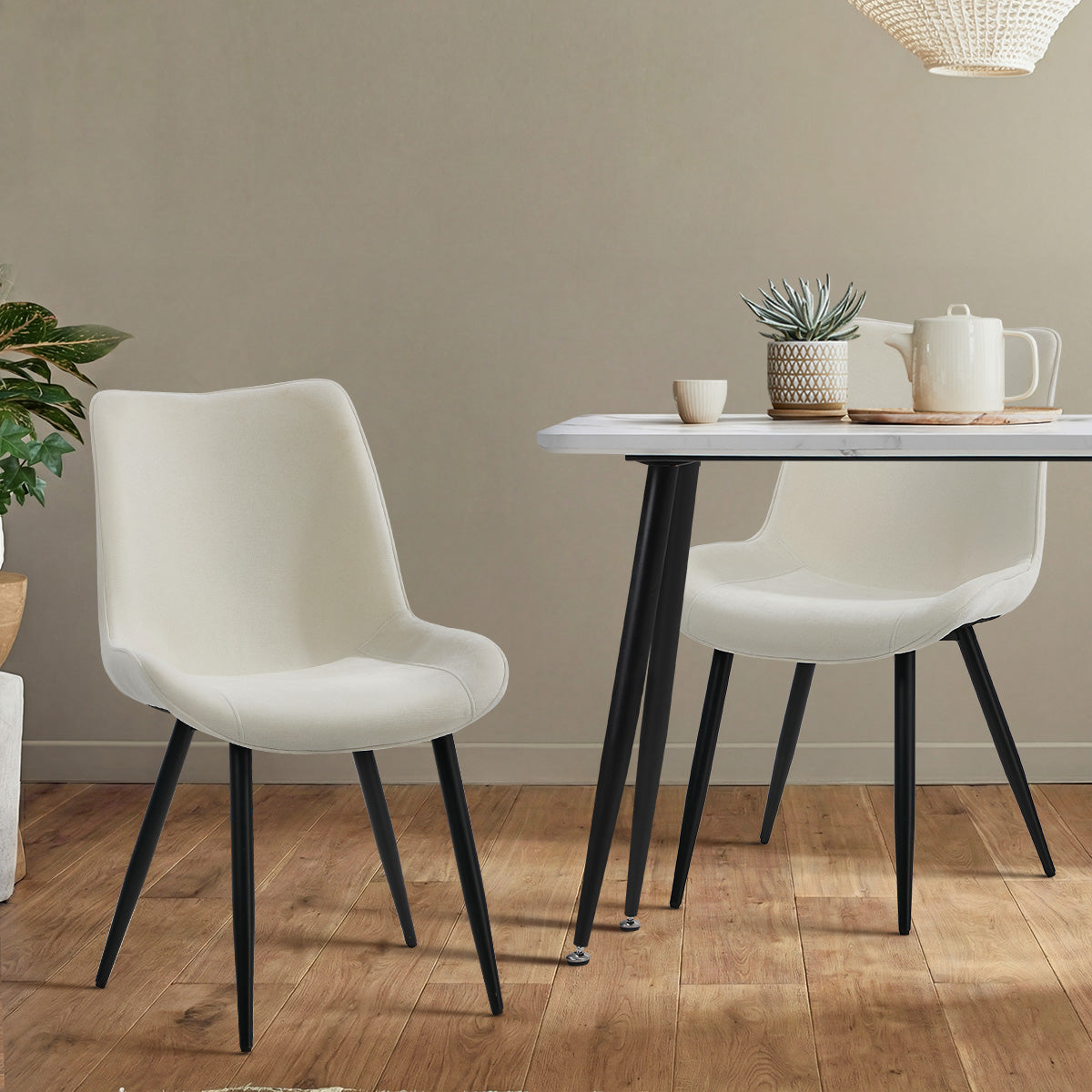 Oikiture 6x Dining Chairs Kitchen Accent Chairs Upholstered Linen Fabric White