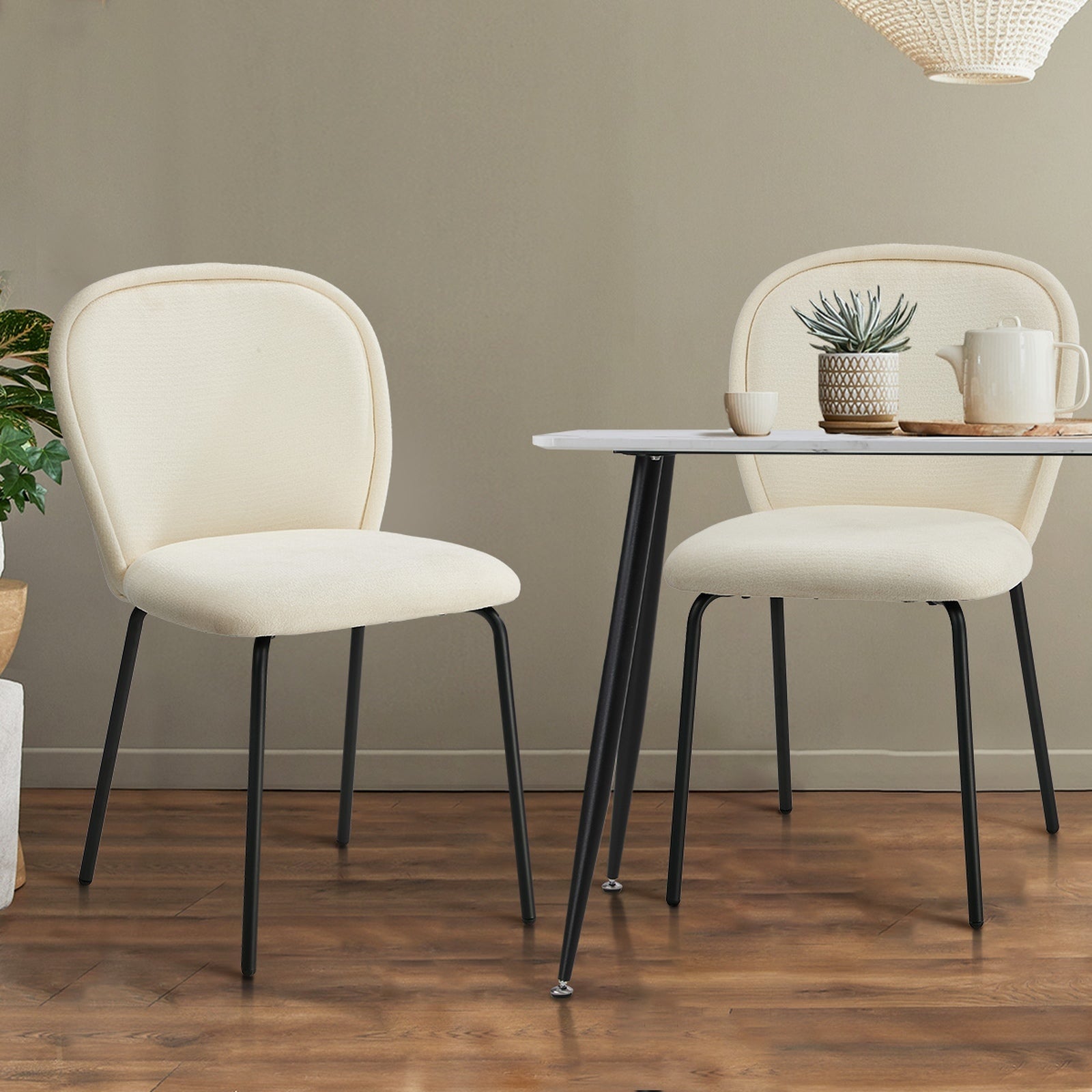 Oikiture 4x Dining Chairs Kitchen Accent Chairs Chenille Pad Metal Legs Beige - Sunyee