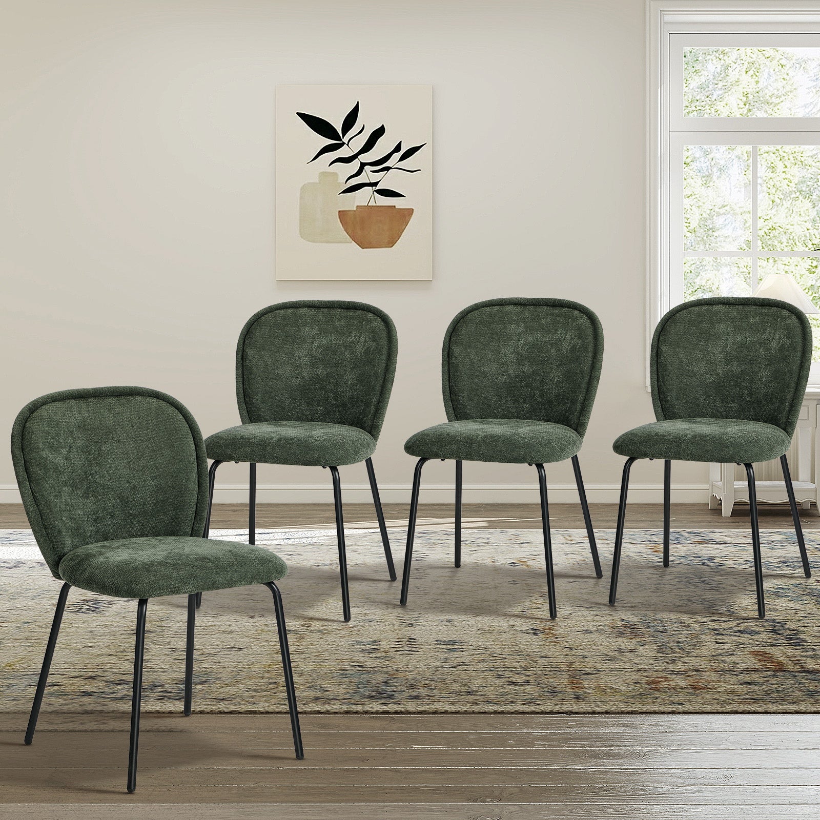 Oikiture 4x Dining Chairs Kitchen Accent Chairs Chenille Pad Metal Legs Green - Sunyee