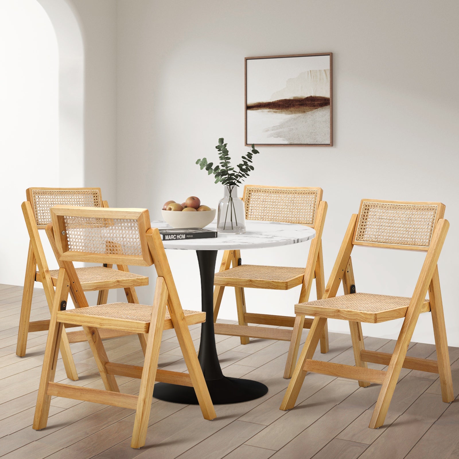 Oikiture 4x Dining Chairs Folding Rattan Chair Wooden Accent Chair Natural - Sunyee
