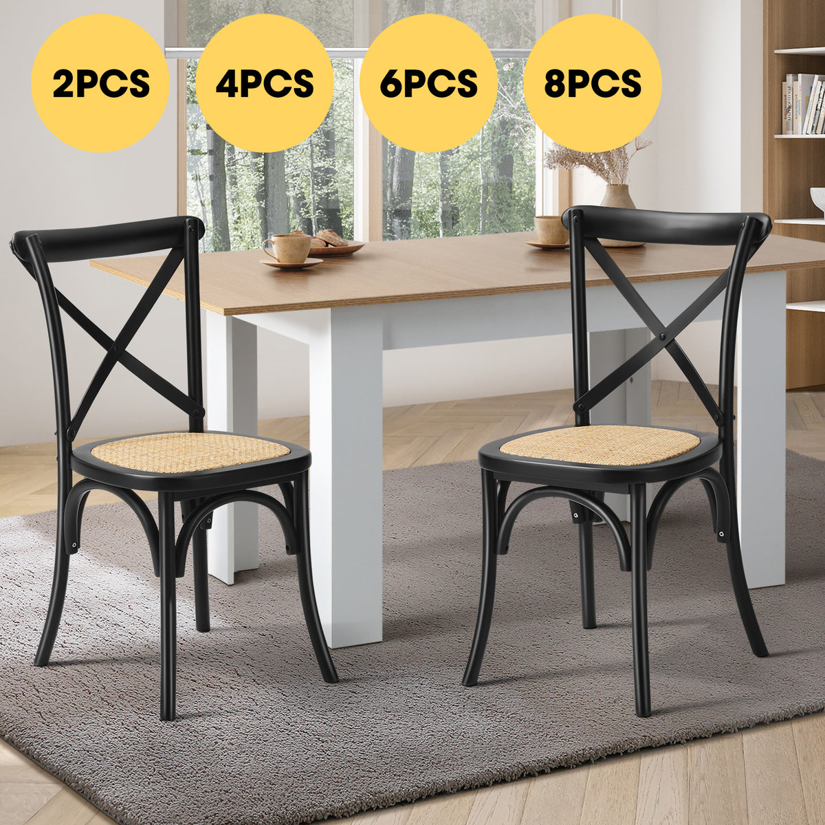 Oikiture Crossback Dining Chair Solid Birch Timber Wood Ratan Seat Black - Sunyee