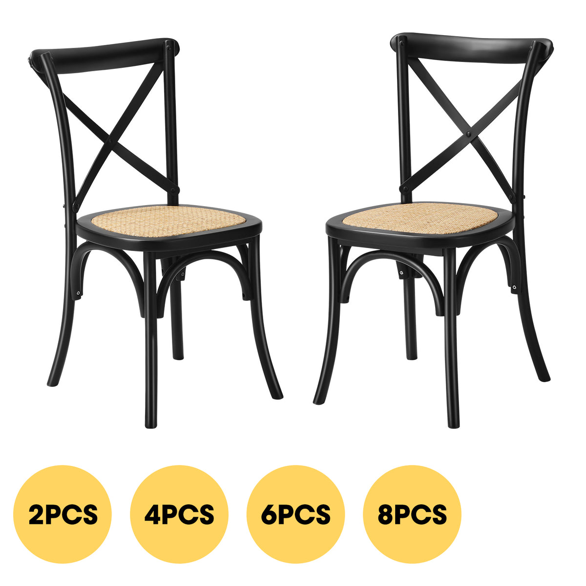 Oikiture Crossback Dining Chair Solid Birch Timber Wood Ratan Seat Black - Sunyee