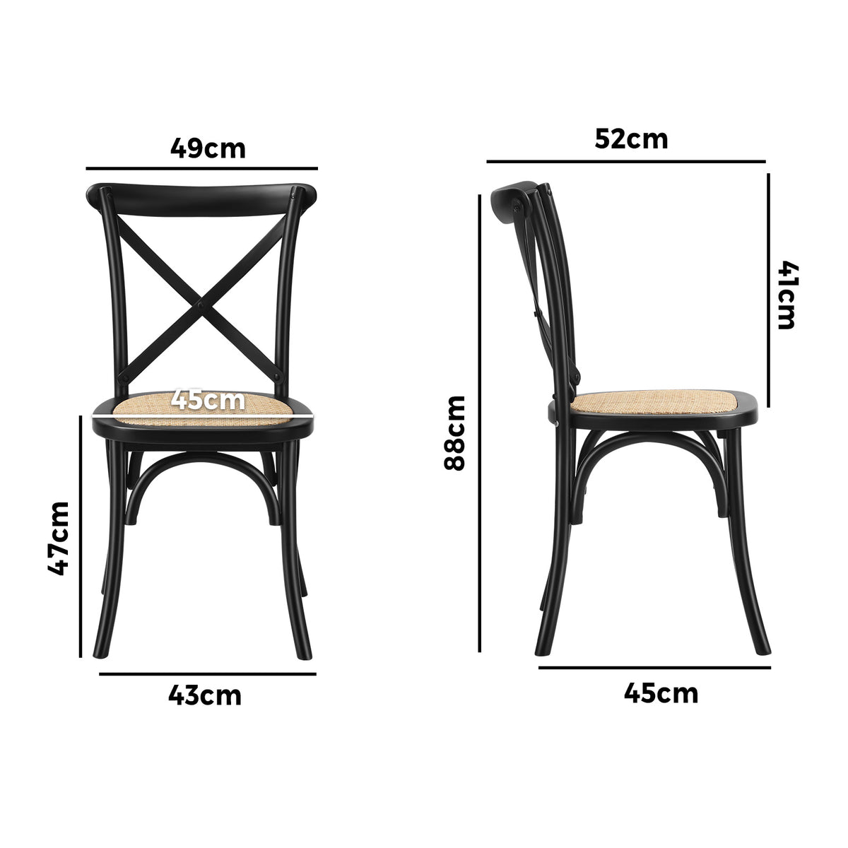 Oikiture Crossback Dining Chair Solid Birch Timber Wood Ratan Seat Black - Sunyee