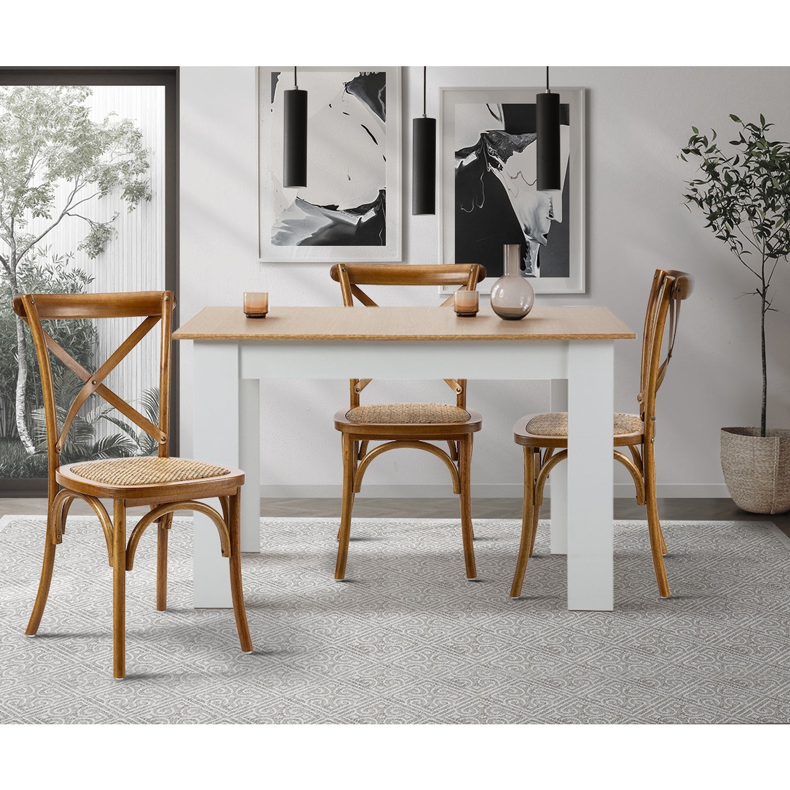 Oikiture 2PCS Crossback Dining Chair Solid Birch Timber Wood Rattan Seat Walnut - Sunyee