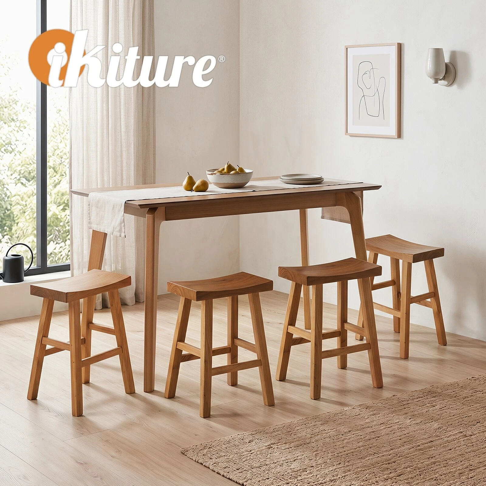 Oikiture 2x Wooden Stool Elm Wood Kitchen Dining Stool Café Seat Natural Timber