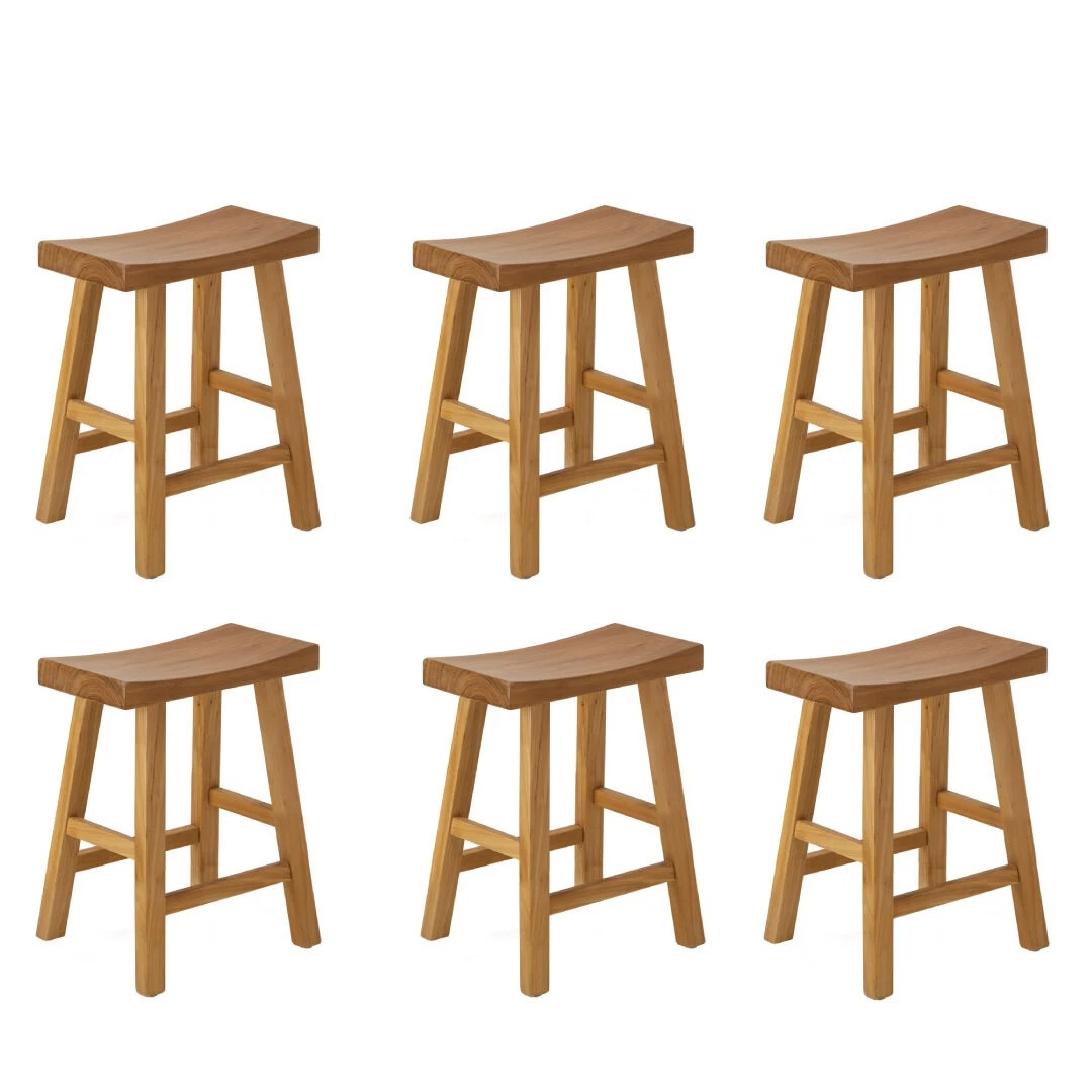 Oikiture 6x Wooden Stool Elm Wood Kitchen Dining Stool Café Seat Natural Timber