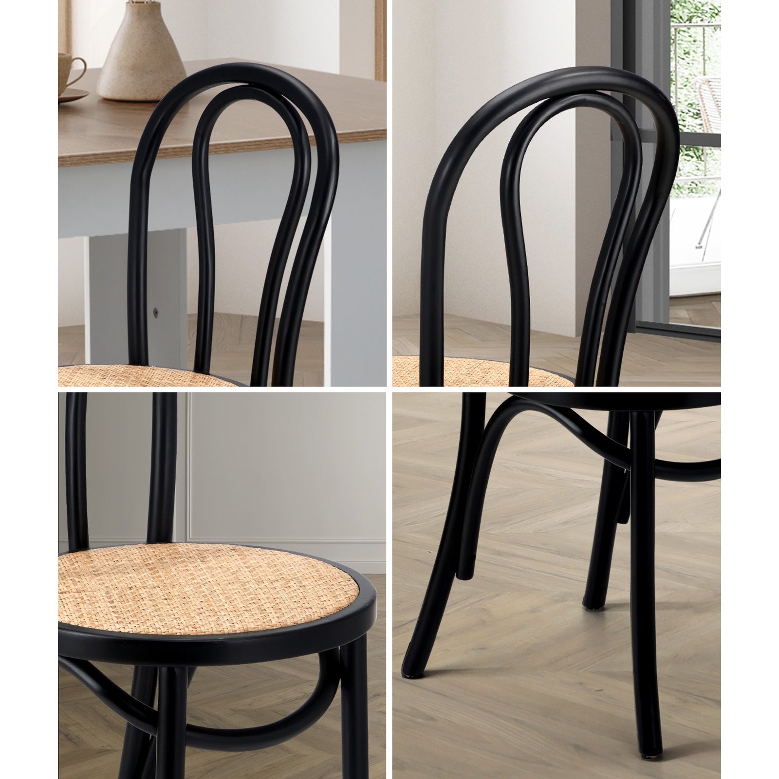 Oikiture Dining Chair Solid Wooden Chairs Ratan Seat Black - Sunyee