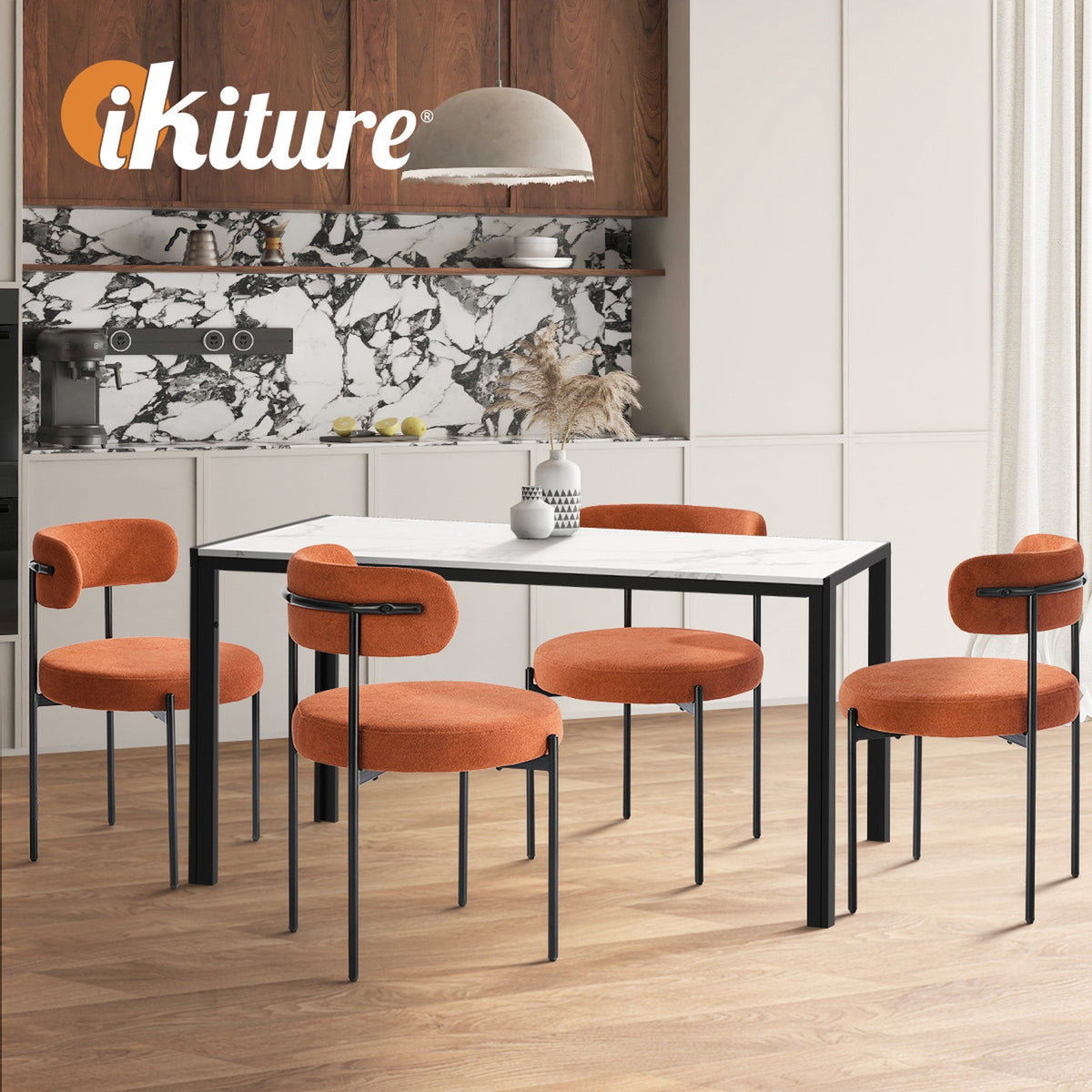 Oikiture 2x Dining Chair Round Boucle Kitchen Lounge Seats Backrest Orange