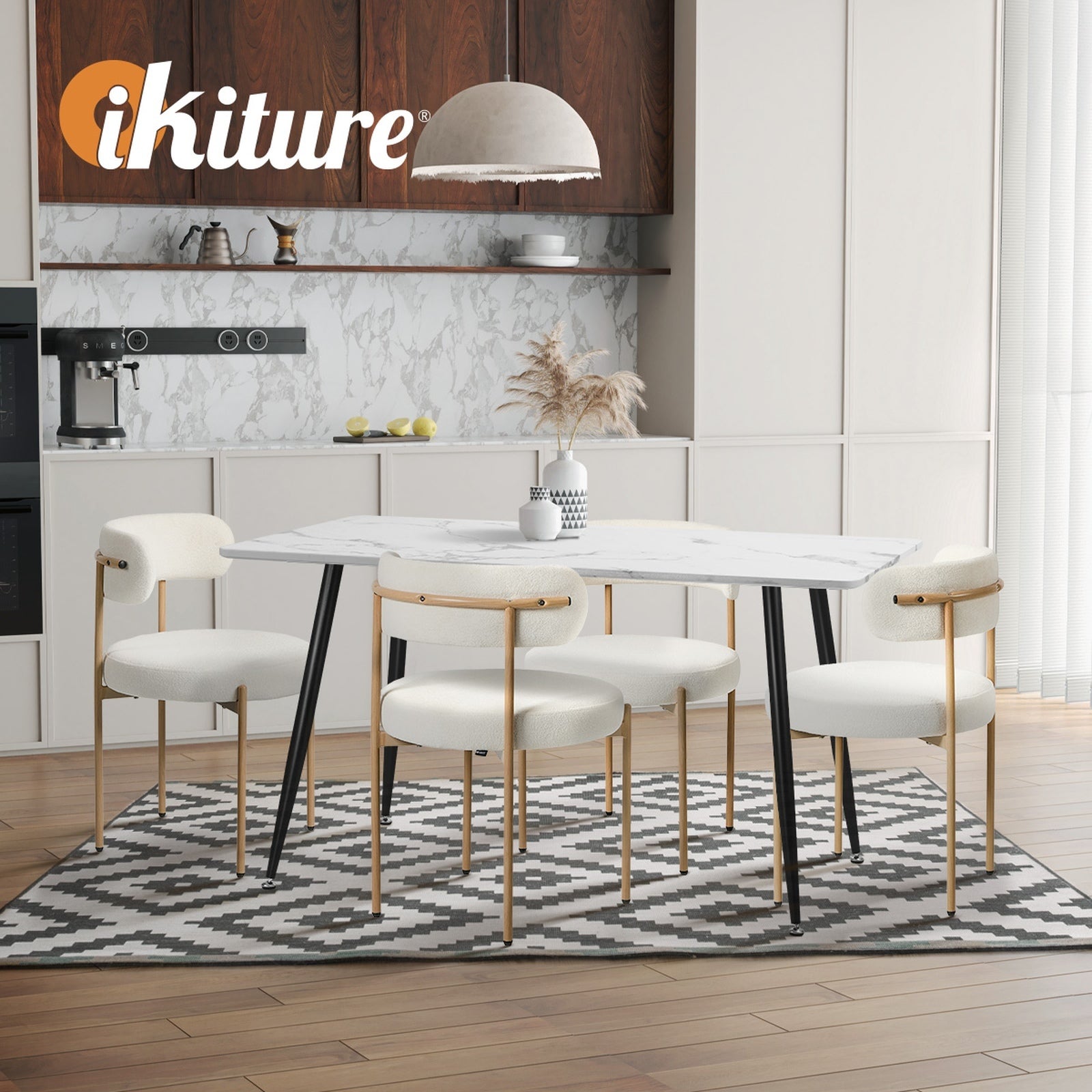 Oikiture 4x Dining Chair Round Boucle Kitchen Lounge Seats White&Natural - Sunyee