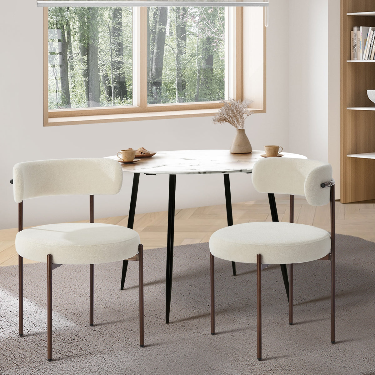 Oikiture 2x Dining Chair Round Boucle Kitchen Lounge Seats Backrest Walunt&White