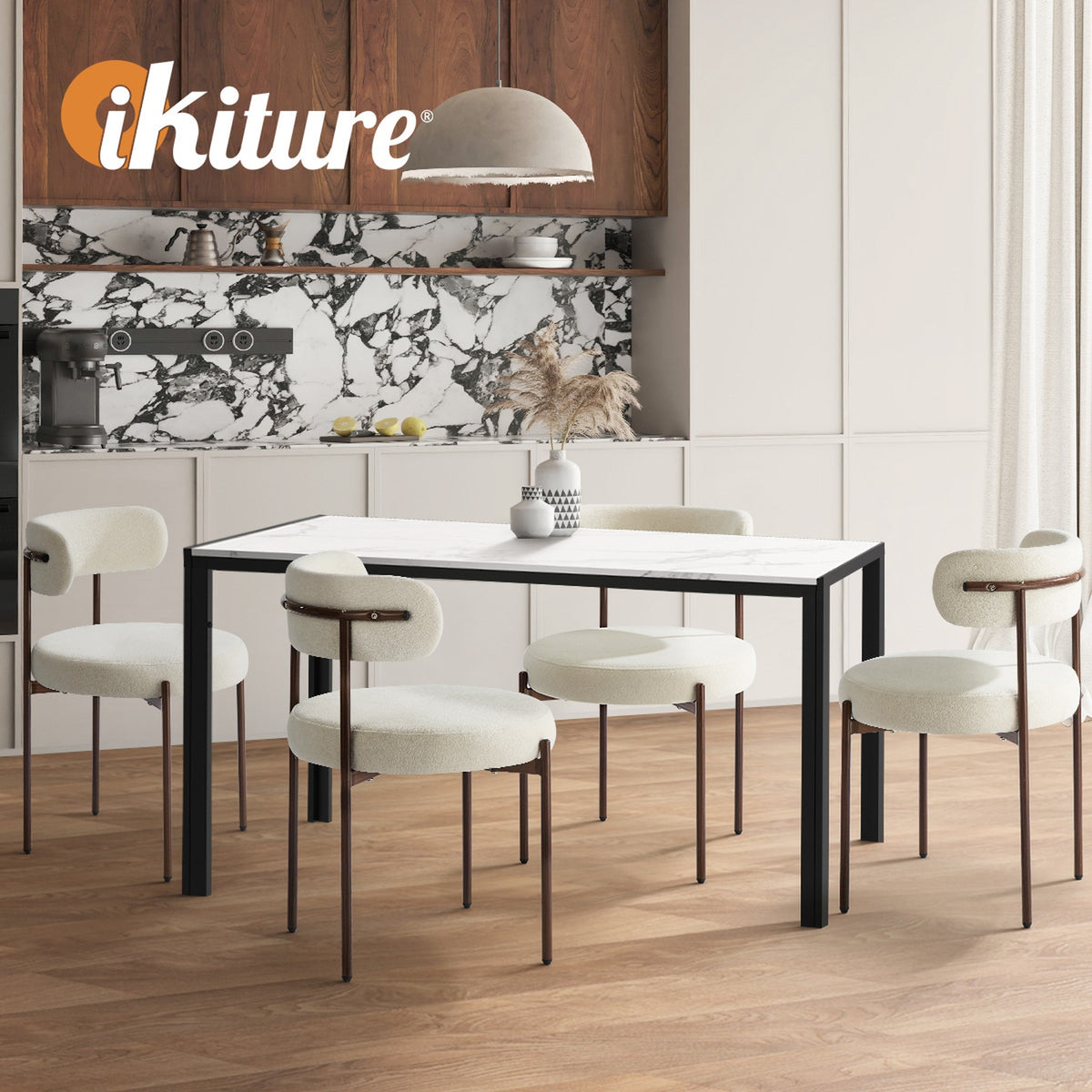 Oikiture 2x Dining Chair Round Boucle Kitchen Lounge Seats Backrest Walunt&White