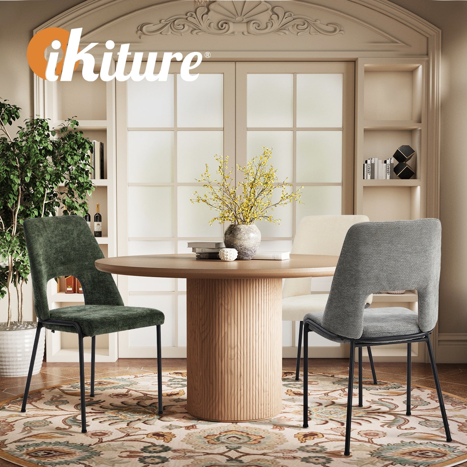 Oikiture 2x Dining Chairs Chenille Fabric Kitchen Side Chair - Sunyee