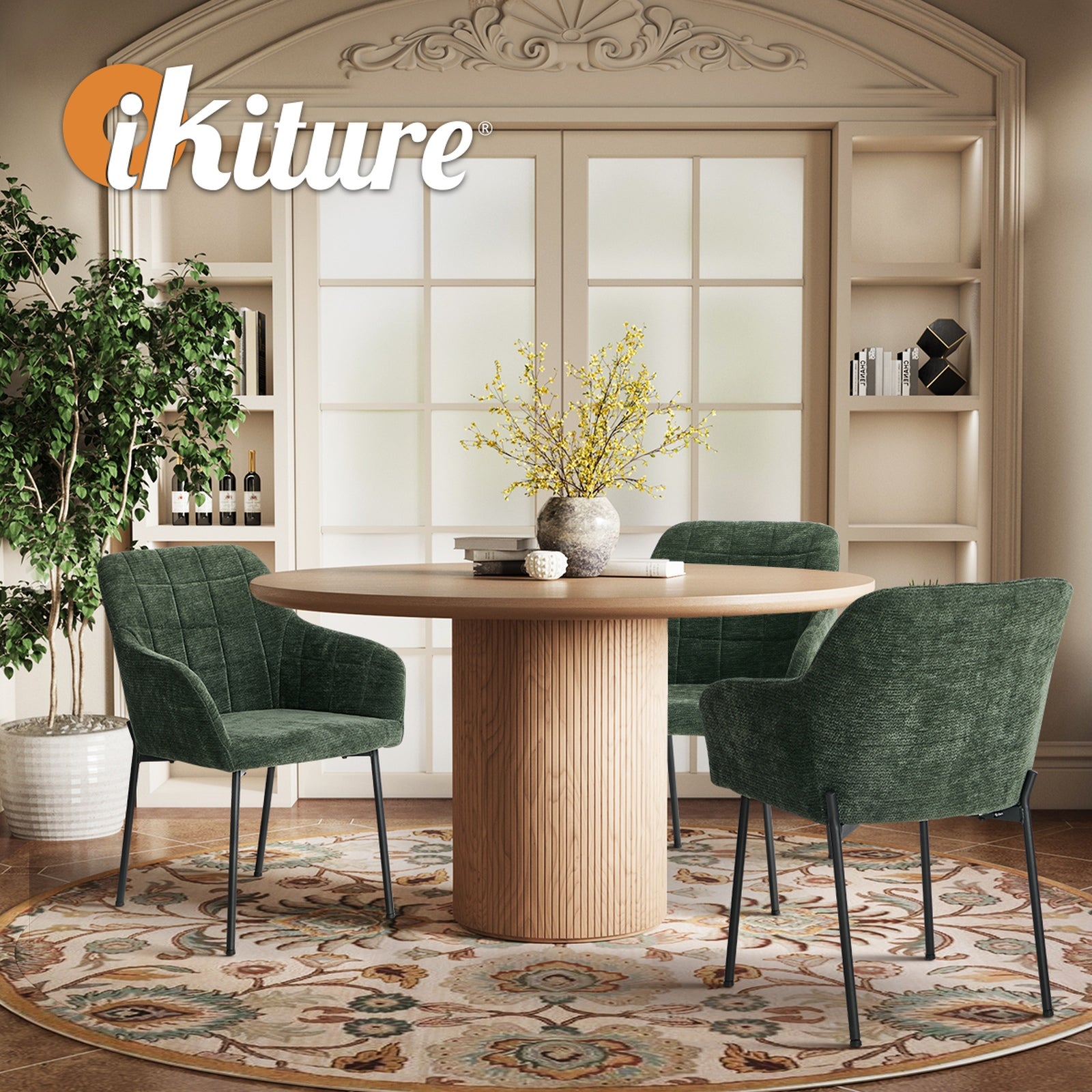 Oikiture 2x Dining Chairs Kitchen Accent Armchairs Chenille Fabric Green - Sunyee