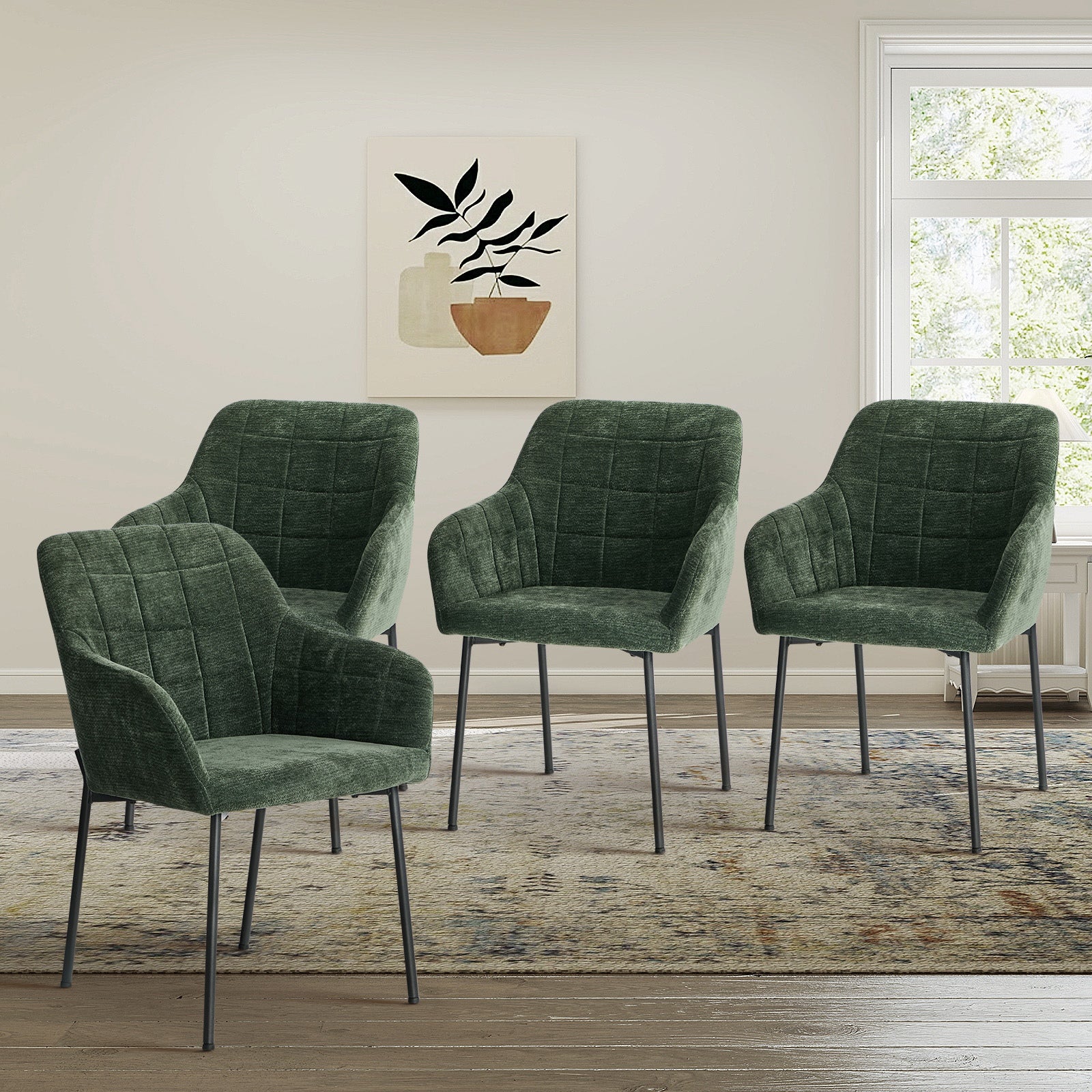 Oikiture 4x Dining Chairs Kitchen Accent Armchairs Chenille Fabric Green - Sunyee