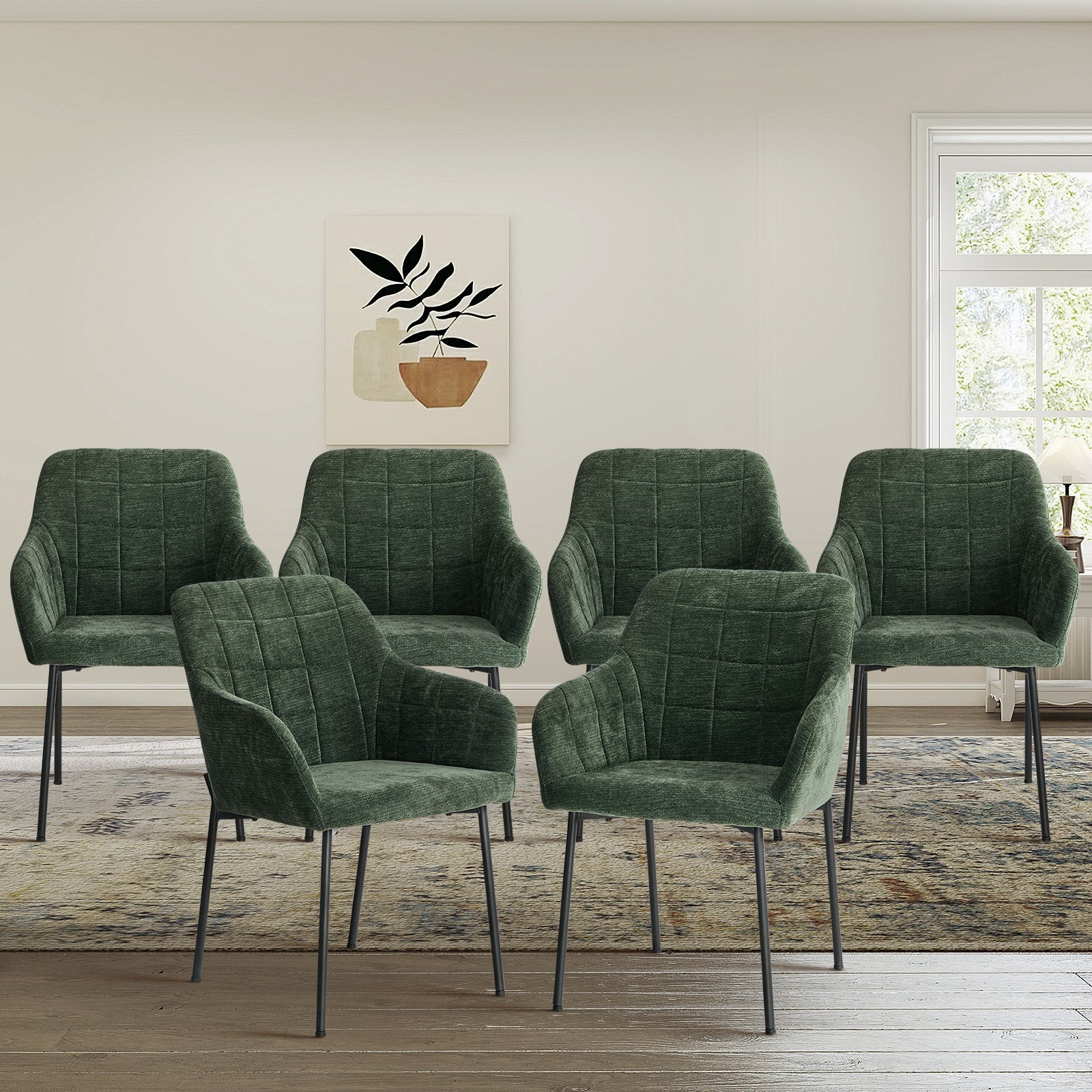 Oikiture 6x Dining Chairs Kitchen Accent Armchairs Chenille Fabric Green - Sunyee