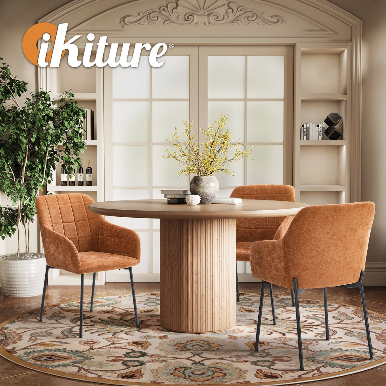 Oikiture 2x Dining Chairs Kitchen Accent Armchairs Chenille Fabric Orange
