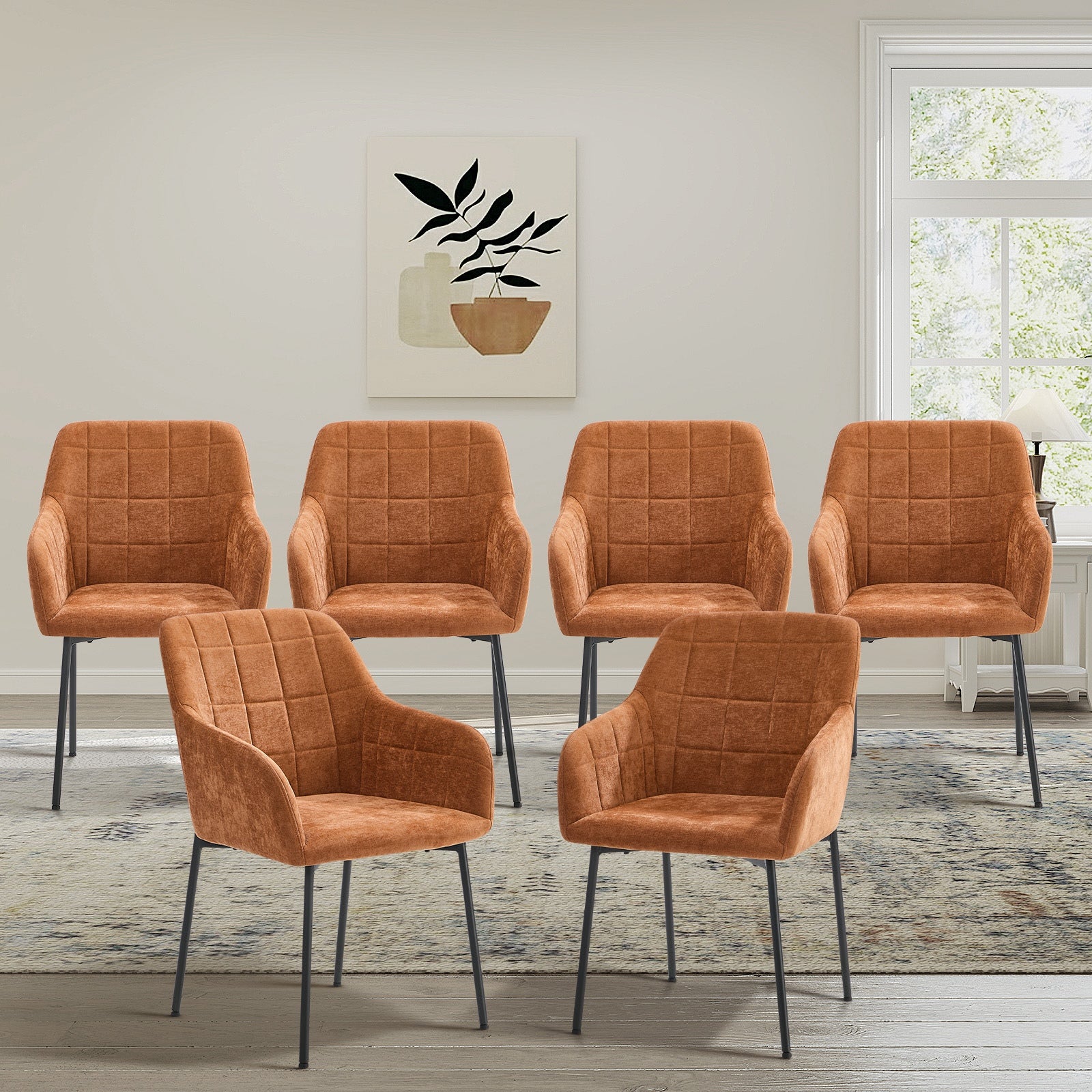 Oikiture 6x Dining Chairs Kitchen Accent Armchairs Chenille Fabric Orange