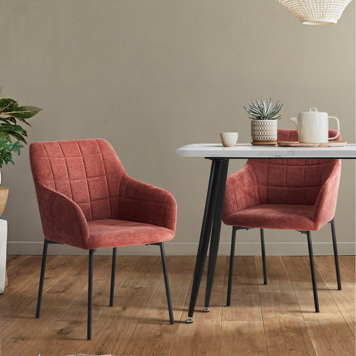 Oikiture 2x Dining Chairs Kitchen Accent Armchairs Chenille Fabric Pink