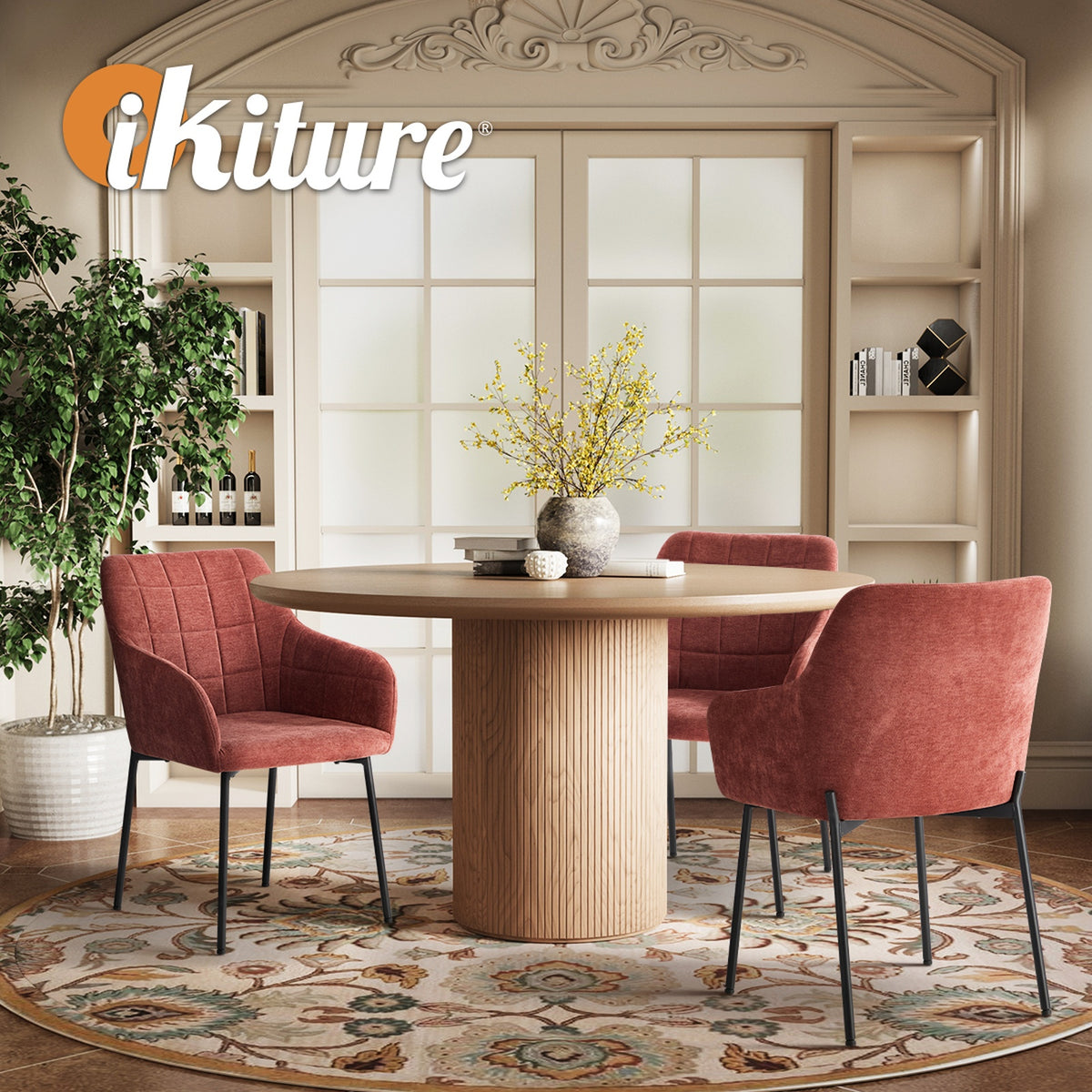 Oikiture 2x Dining Chairs Kitchen Accent Armchairs Chenille Fabric Pink