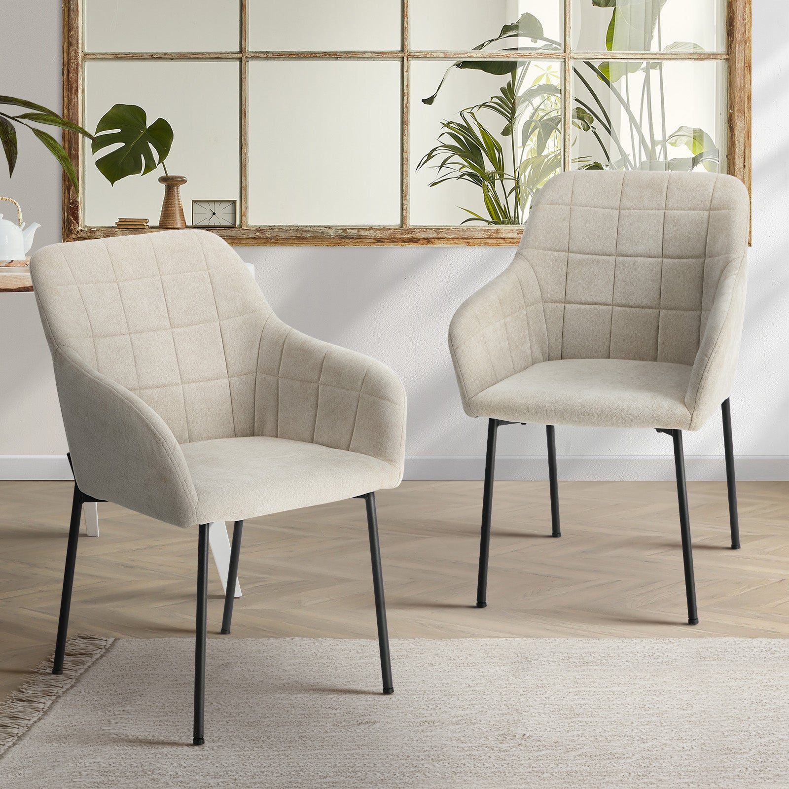 Oikiture 2x Dining Chairs Kitchen Accent Armchairs Linen Fabric Beige - Sunyee