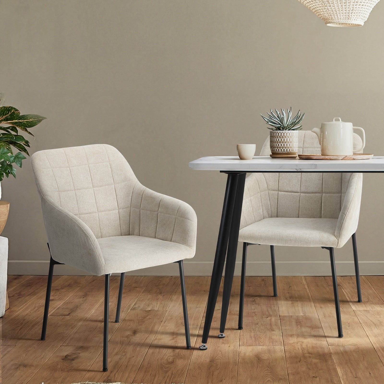 Oikiture 2x Dining Chairs Kitchen Accent Armchairs Linen Fabric Beige - Sunyee