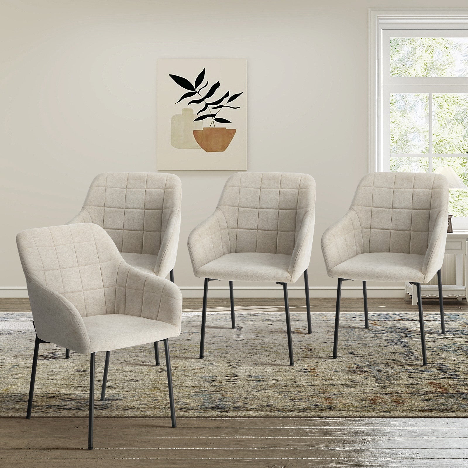 Oikiture 4x Dining Chairs Kitchen Accent Armchairs Linen Fabric Beige - Sunyee