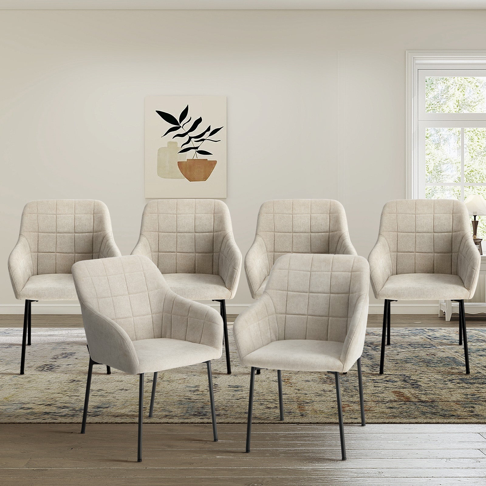 Oikiture 6x Dining Chairs Kitchen Accent Armchairs Linen Fabric Beige - Sunyee