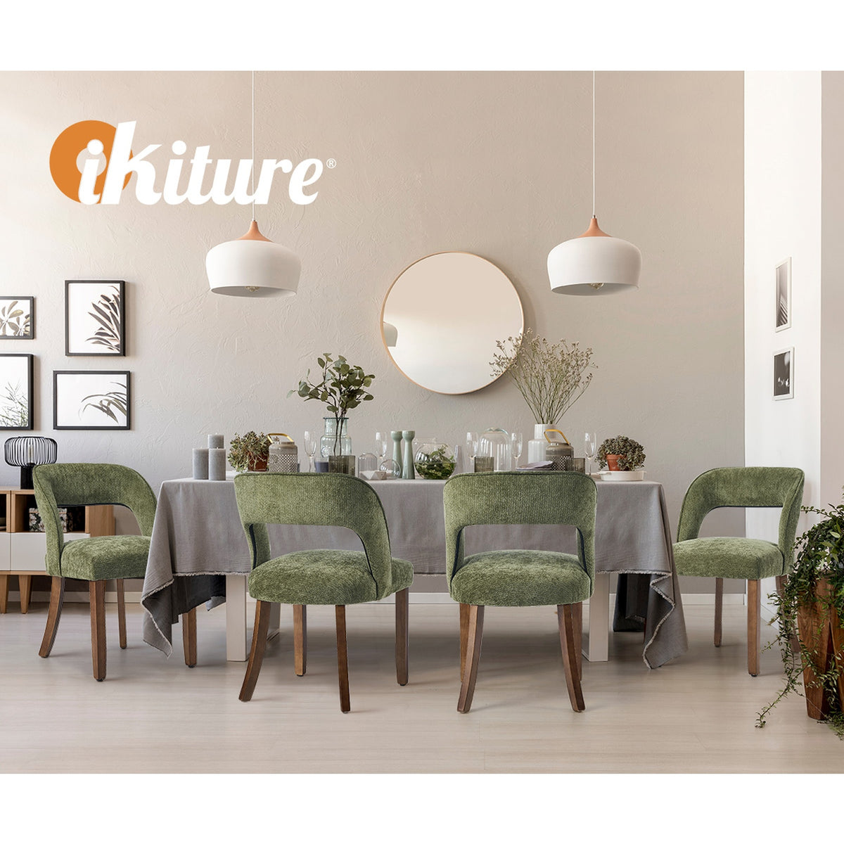 Oikiture 2x Dining Chairs Chenille Upholstery Chair Rubberwood Legs Green