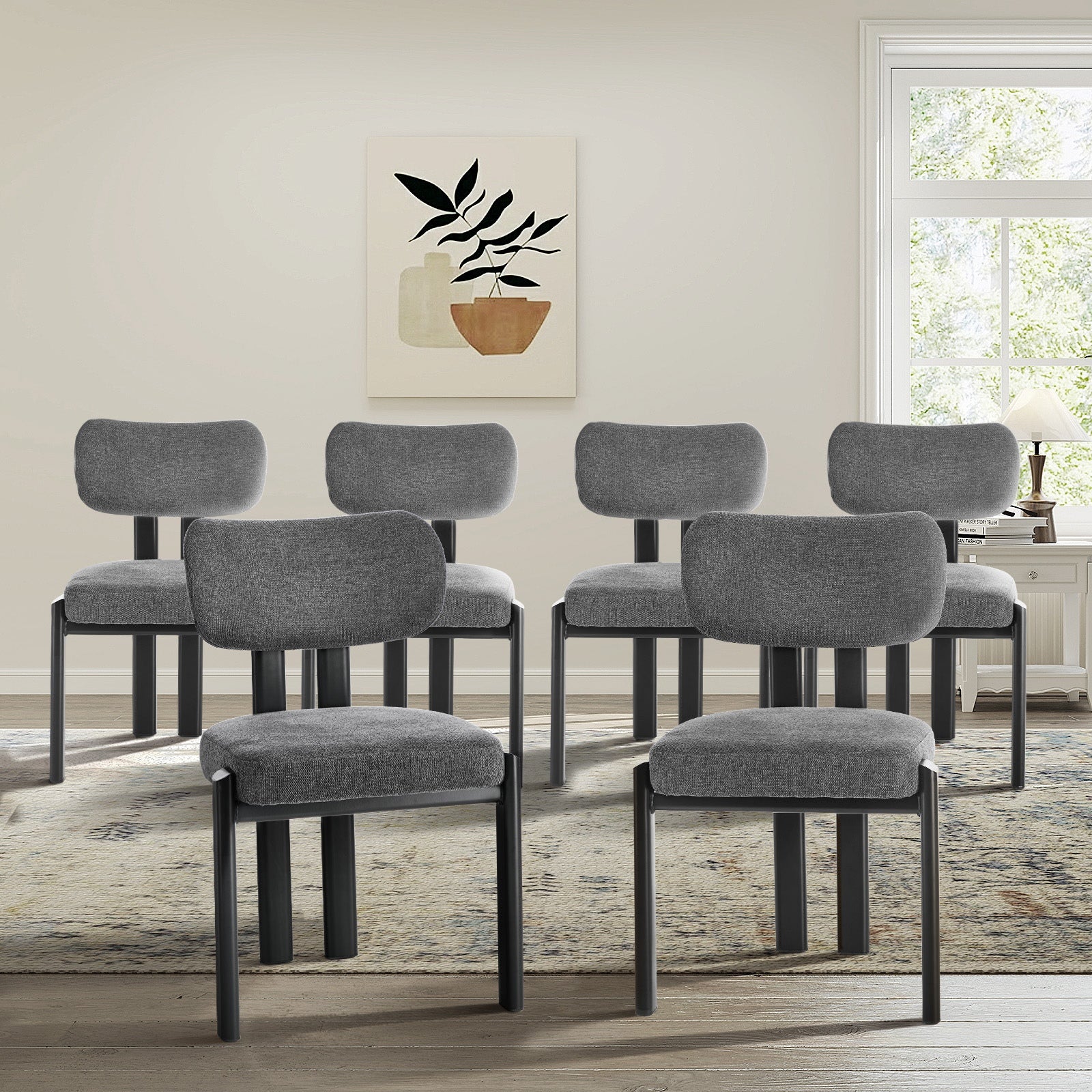 Oikiture Set of 6 Dining Chairs Linen Fabric Kitchen Chair Padded Seat Grey