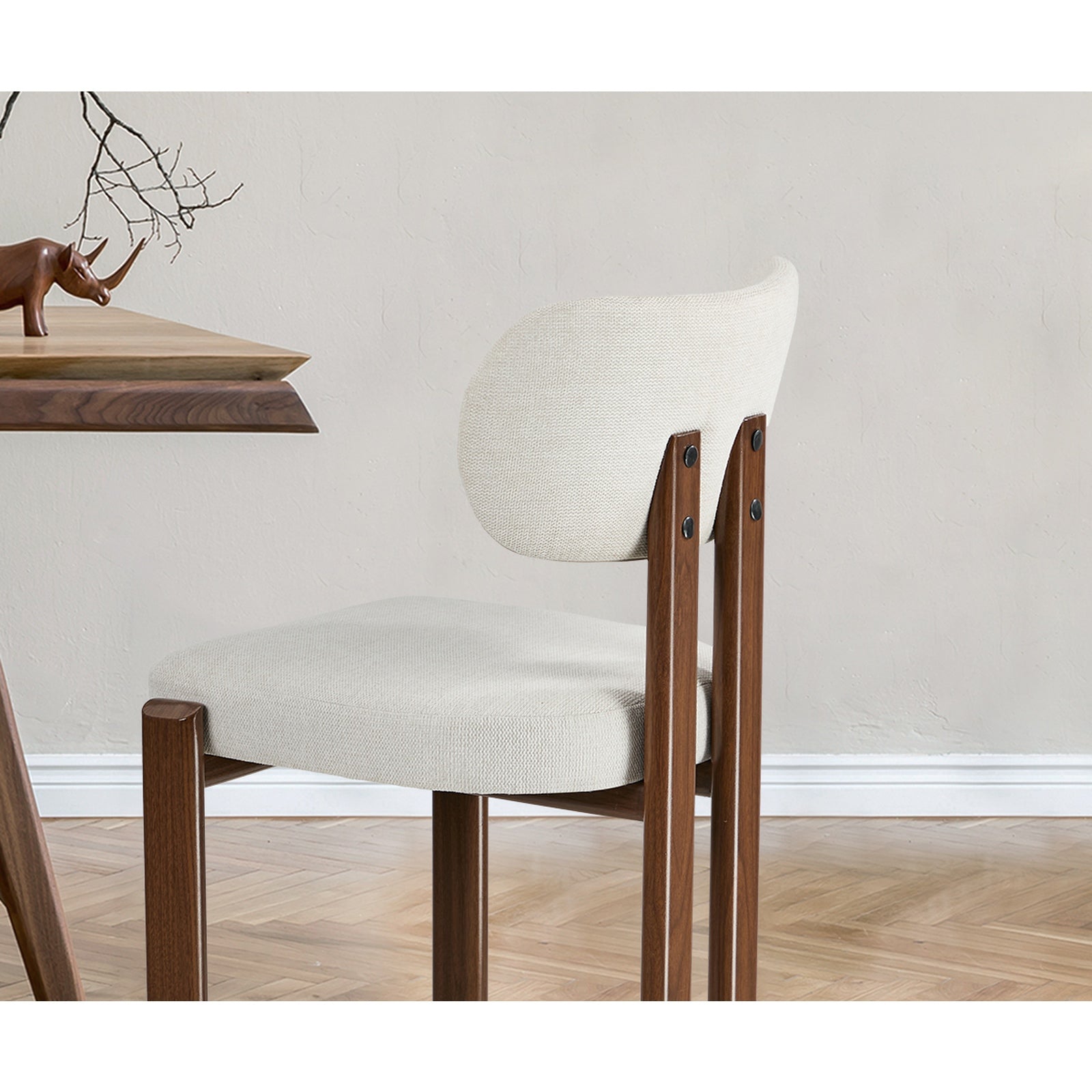 Oikiture Set of 4 Dining Chairs Linen Fabric Kitchen Padded Seat Beige&Brown