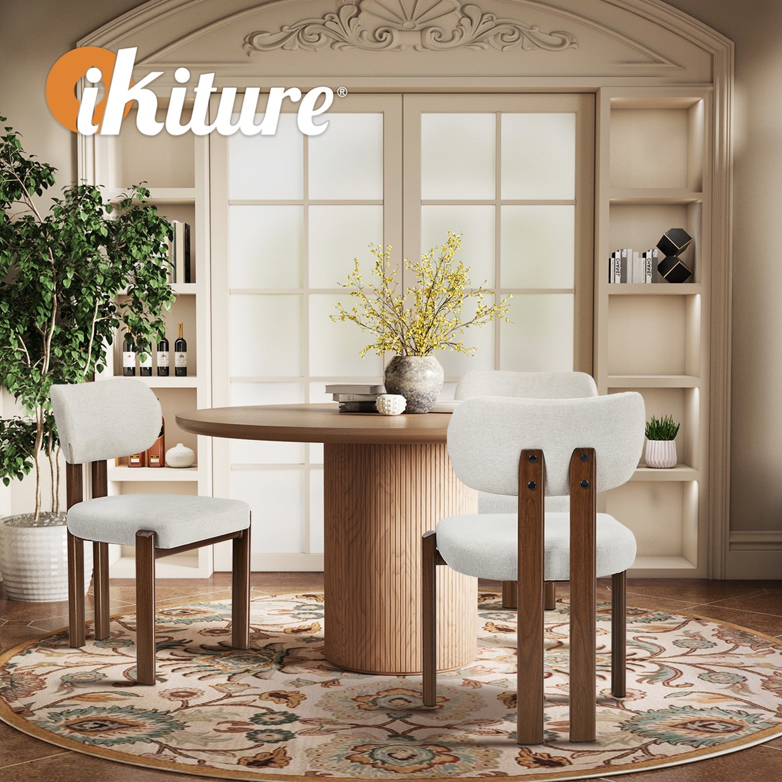 Oikiture Set of 4 Dining Chairs Linen Fabric Kitchen Padded Seat Beige&Brown